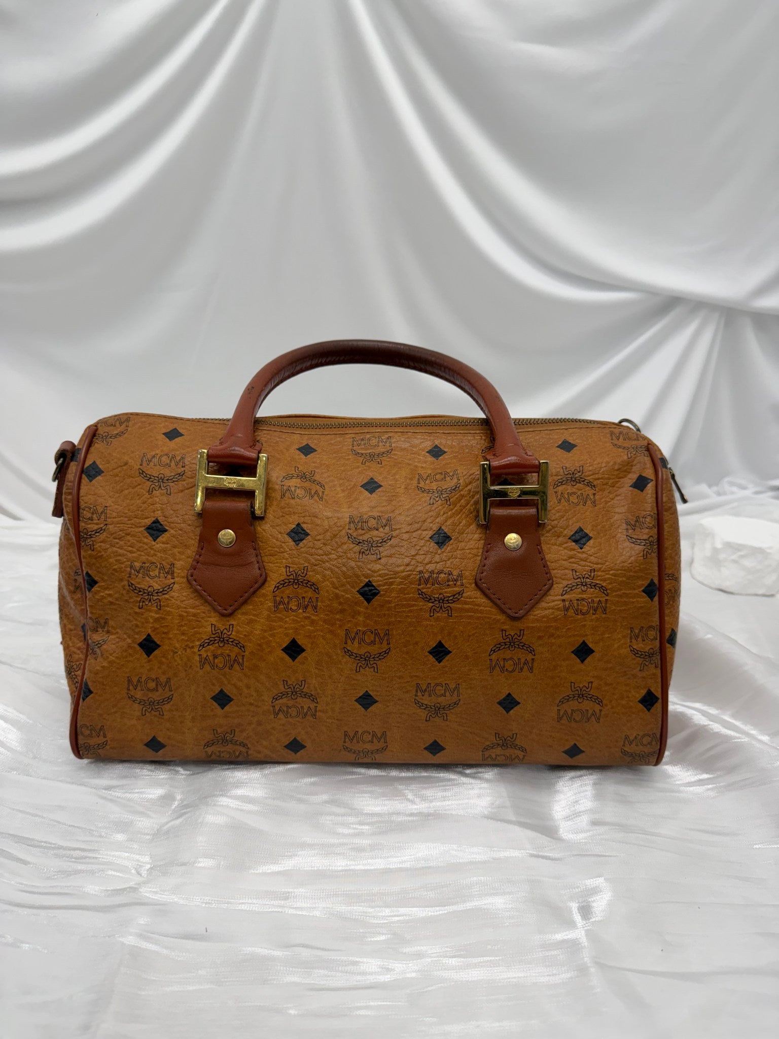 MCM Cognac Visetos Coated Canvas Boston Bag