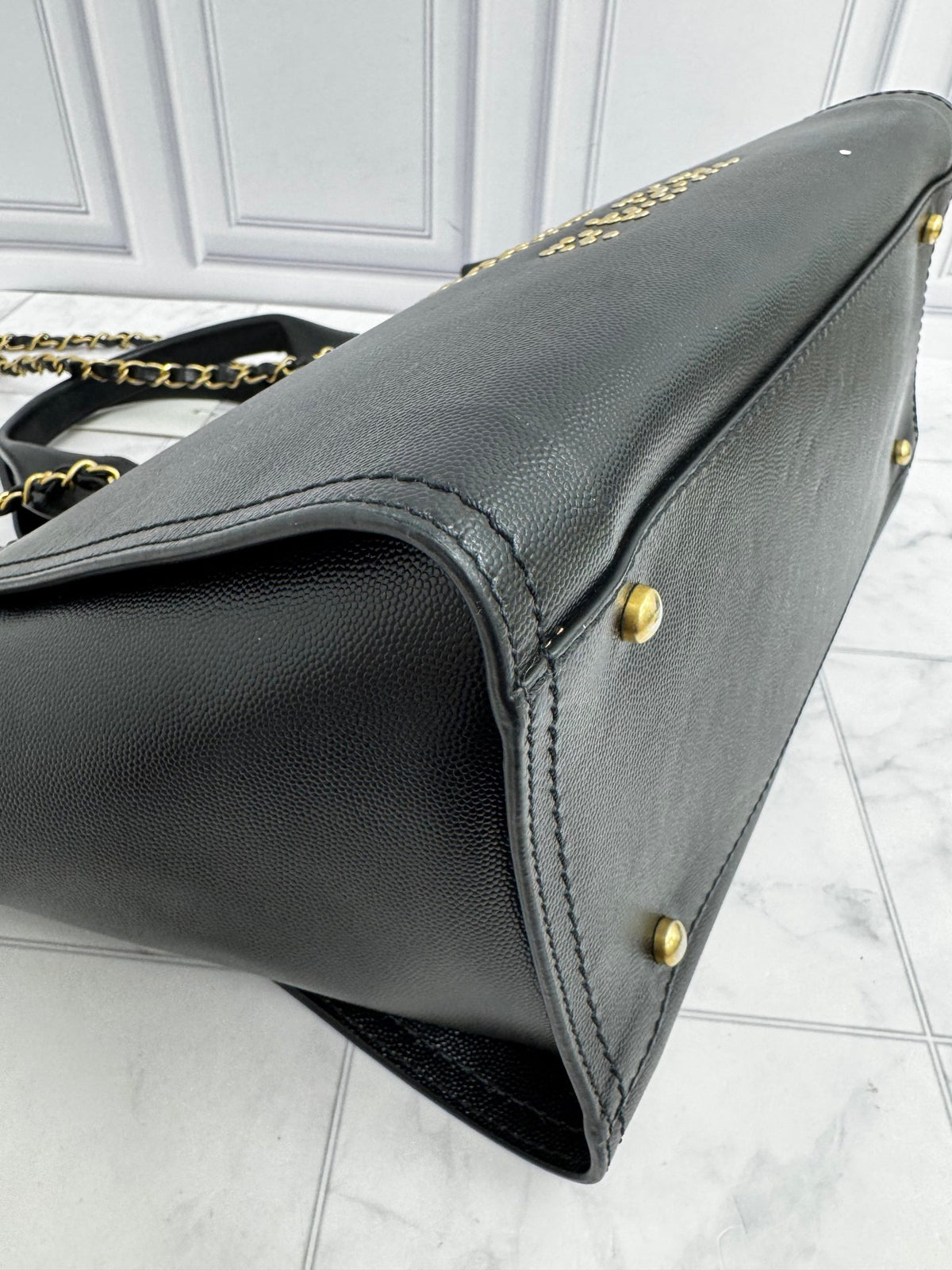 Chanel Black Caviar Leather Deauville Studded Small Tote Bag