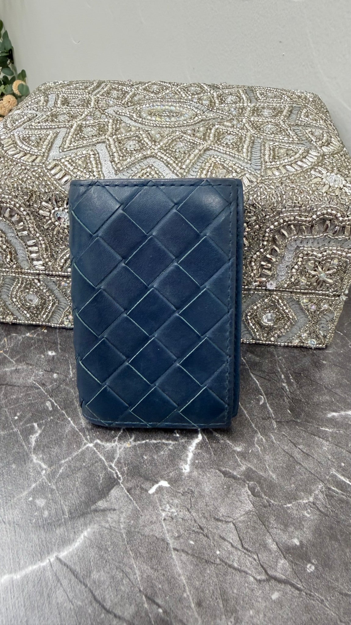 Bottega Veneta Navy Blue Intrecciato Leather Card Holder
