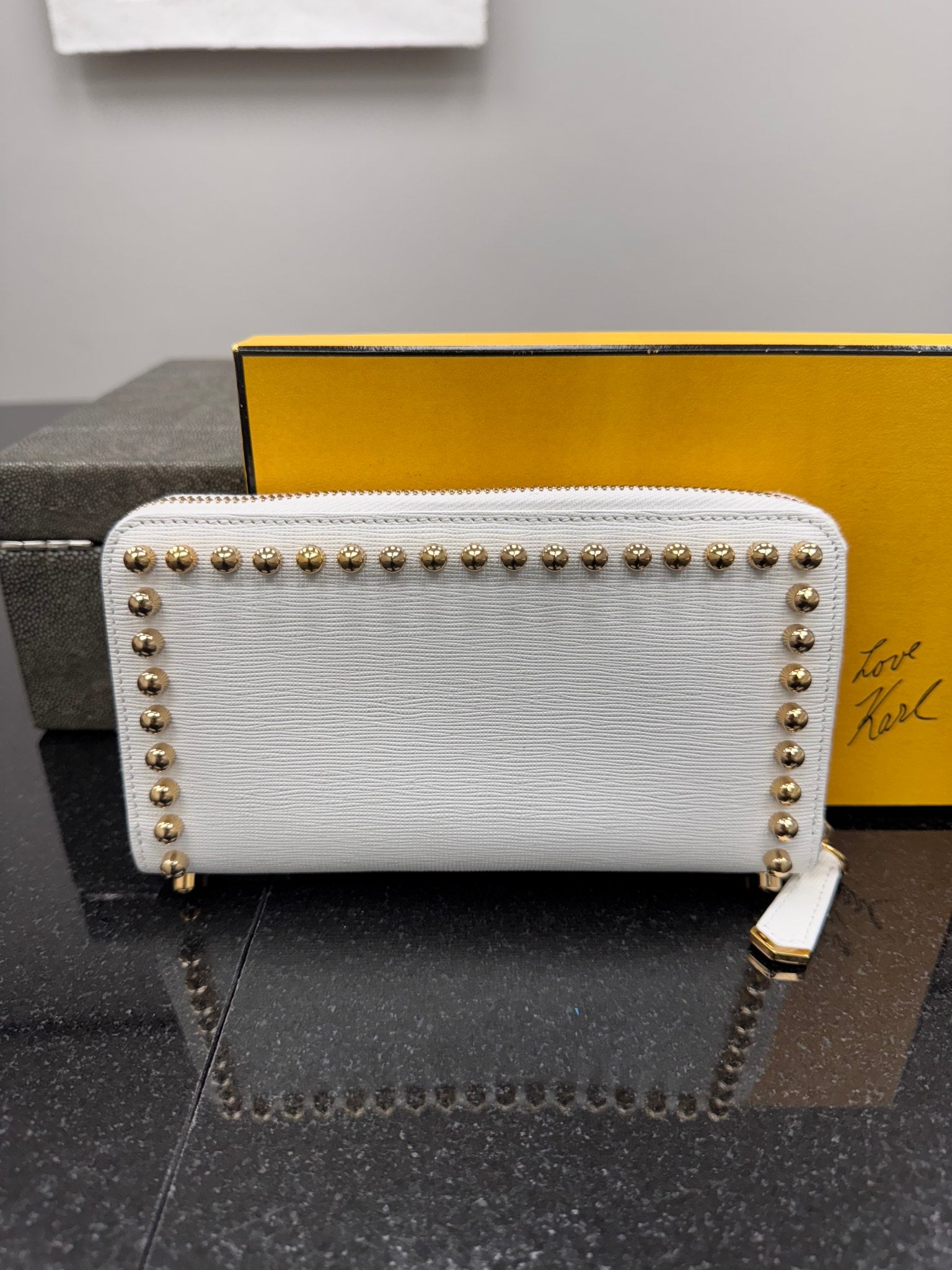 Fendi White Studded Karlito Long Zippy Wallet