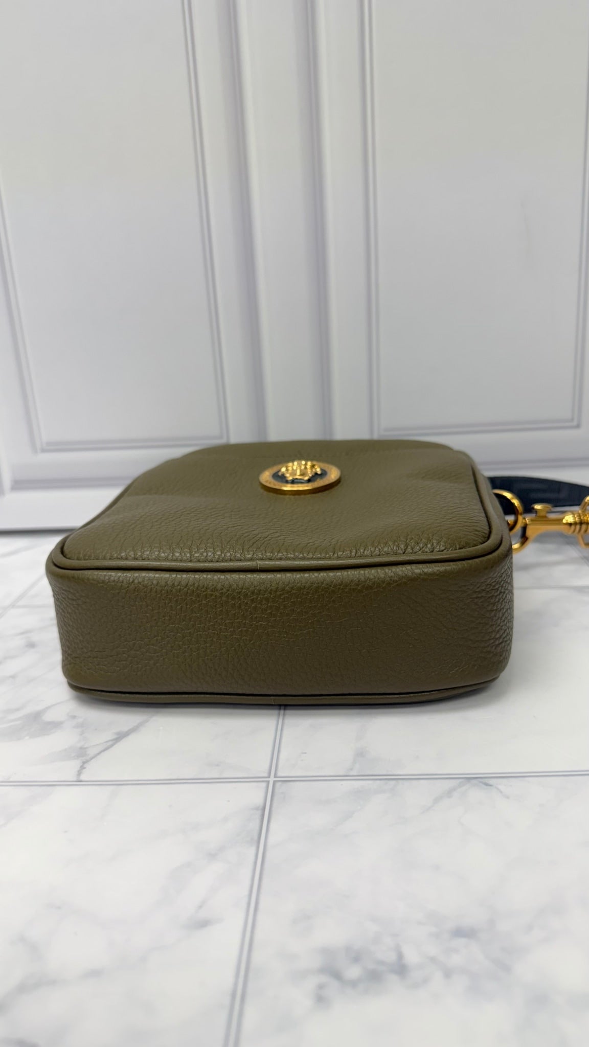 LIKE NEW - Versace Olive Green Pebbled Leather Medusa Messenger Bag