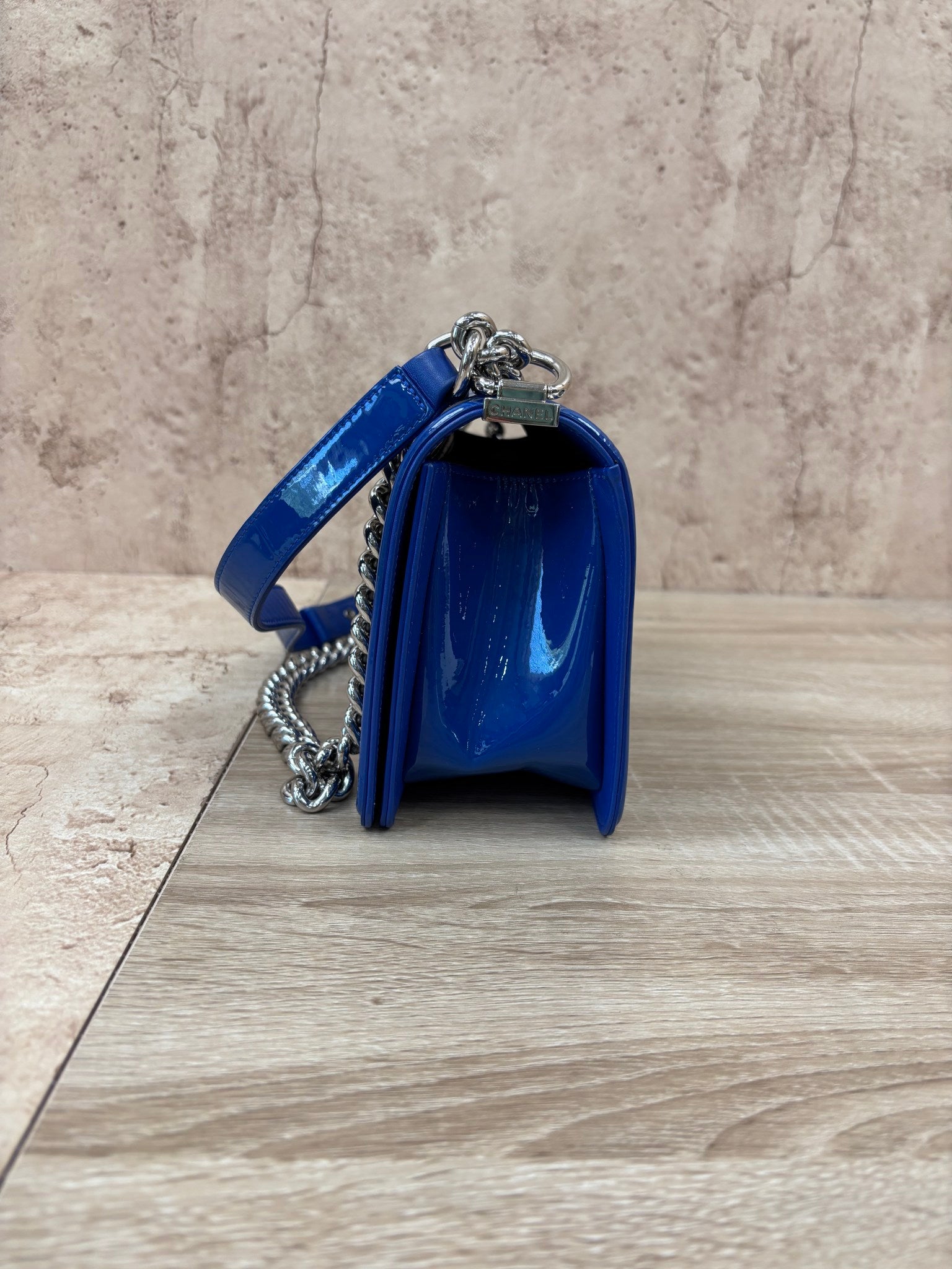 Chanel Blue Patent Leather Quilted Boy Bag