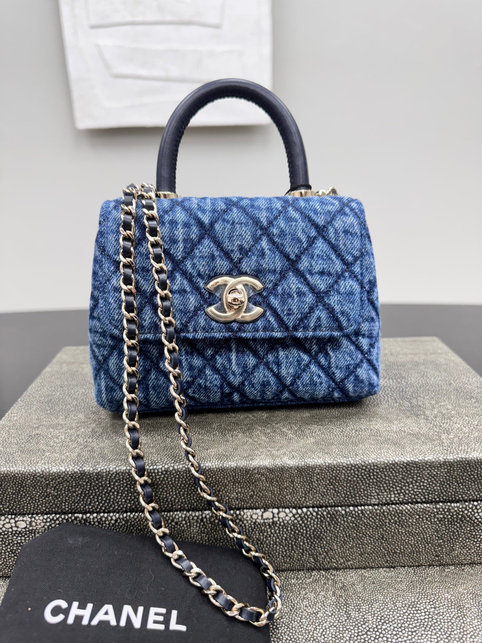 LIKE NEW - Chanel Blue Quilted Denim Coco Mini Top Handle Bag