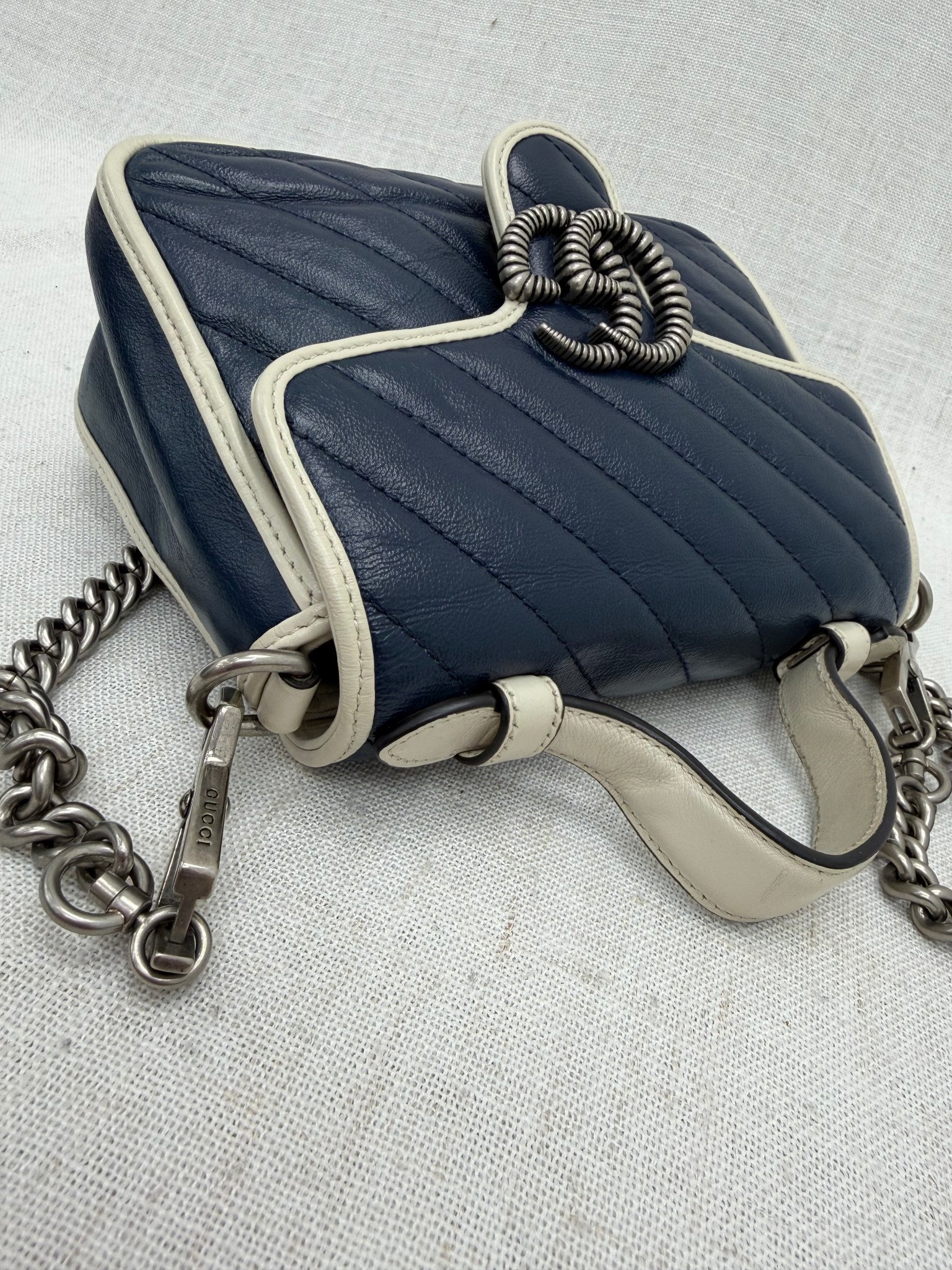 Gucci Navy Blue Leather Mini Marmont Top Handle Bag
