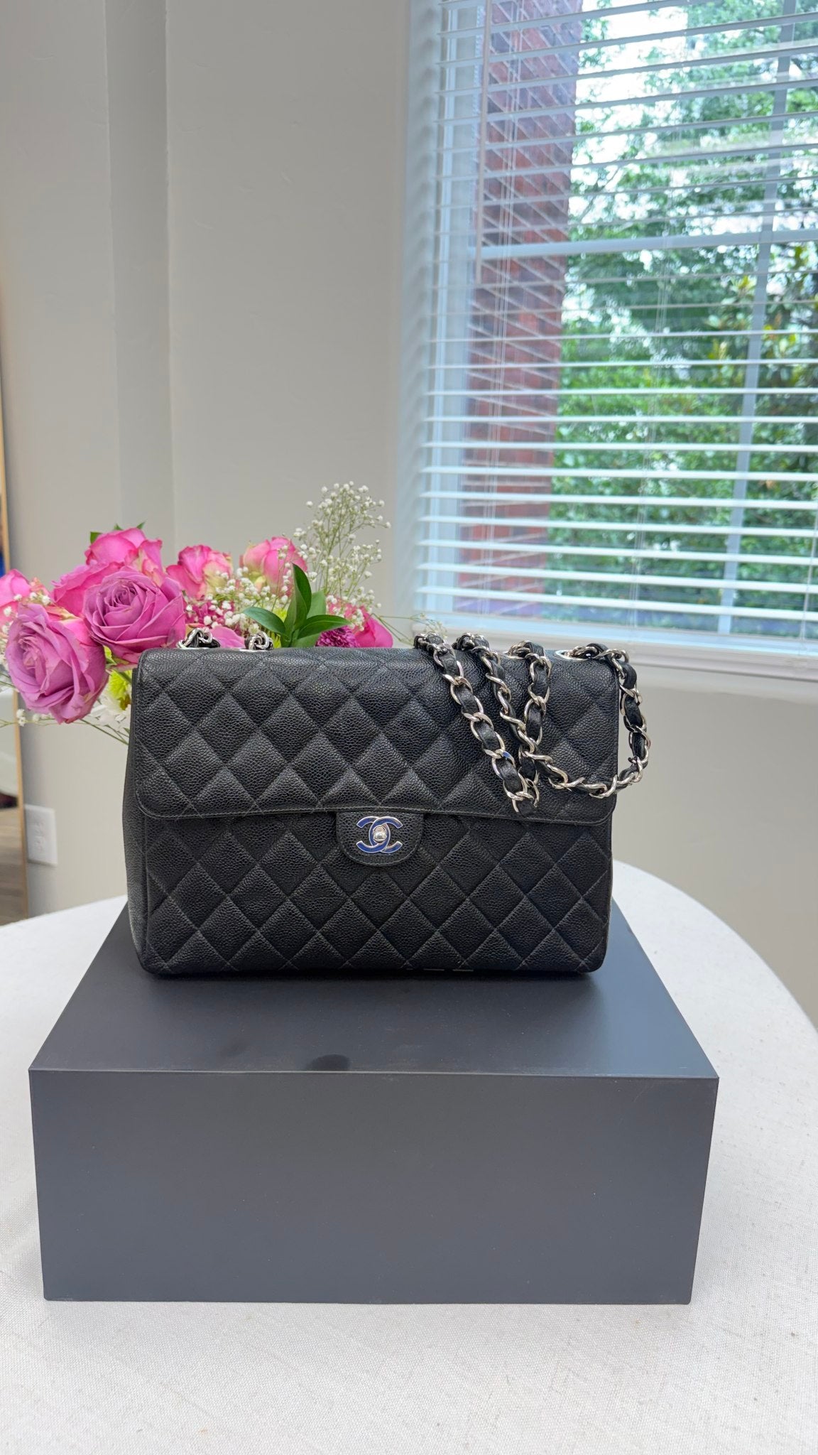 Chanel Black Caviar Leather Jumbo Classic Single Flap Shoulder Bag