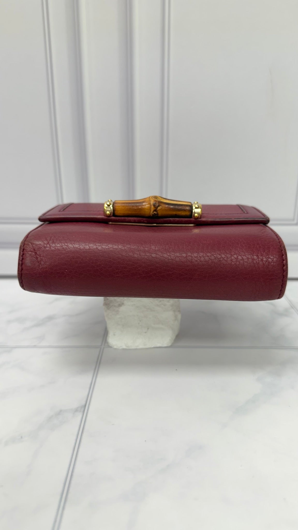 Gucci Burgundy Grained Leather Bamboo Trifold Wallet