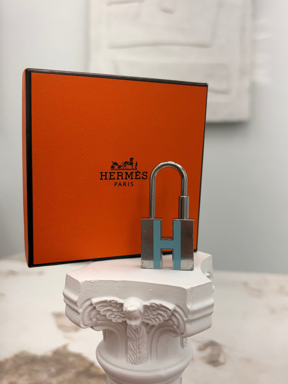 Hermes Silver Tone & Blue H Motif Cadena Padlock Charm