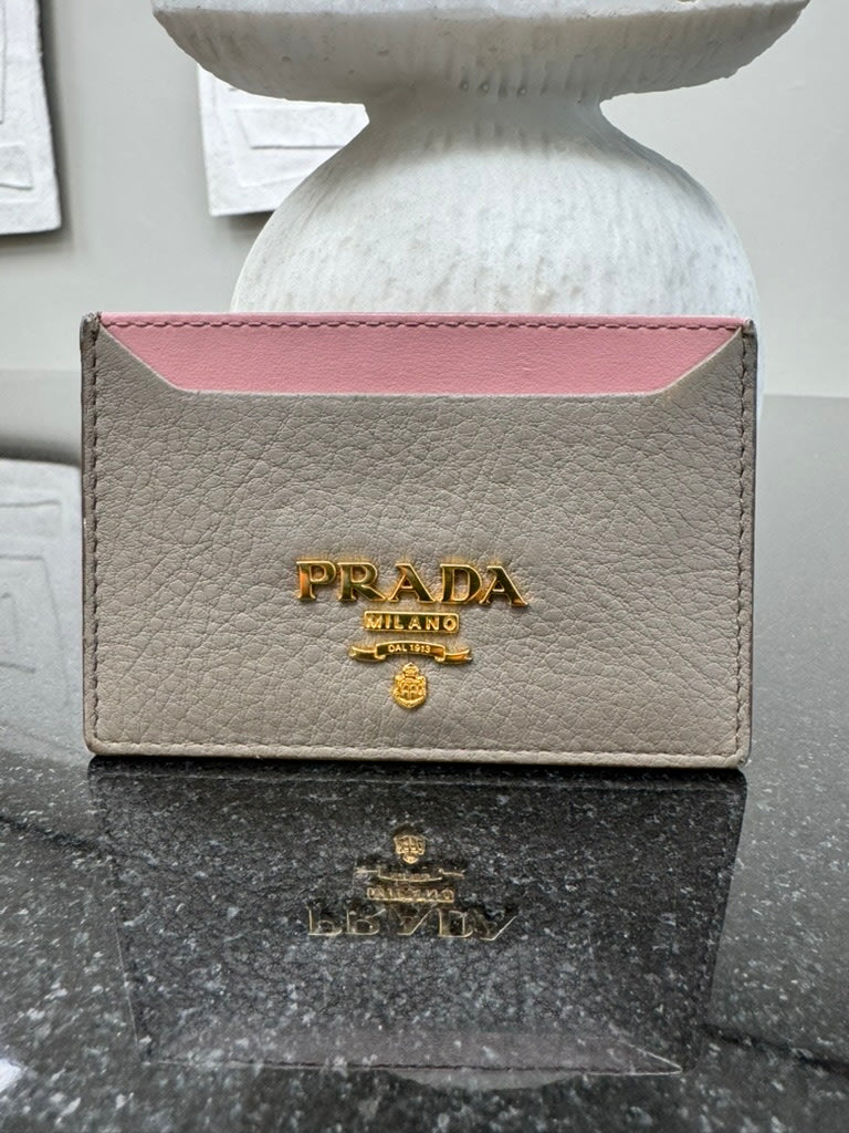 Prada Grey And Pink Grained Leather Card Holder