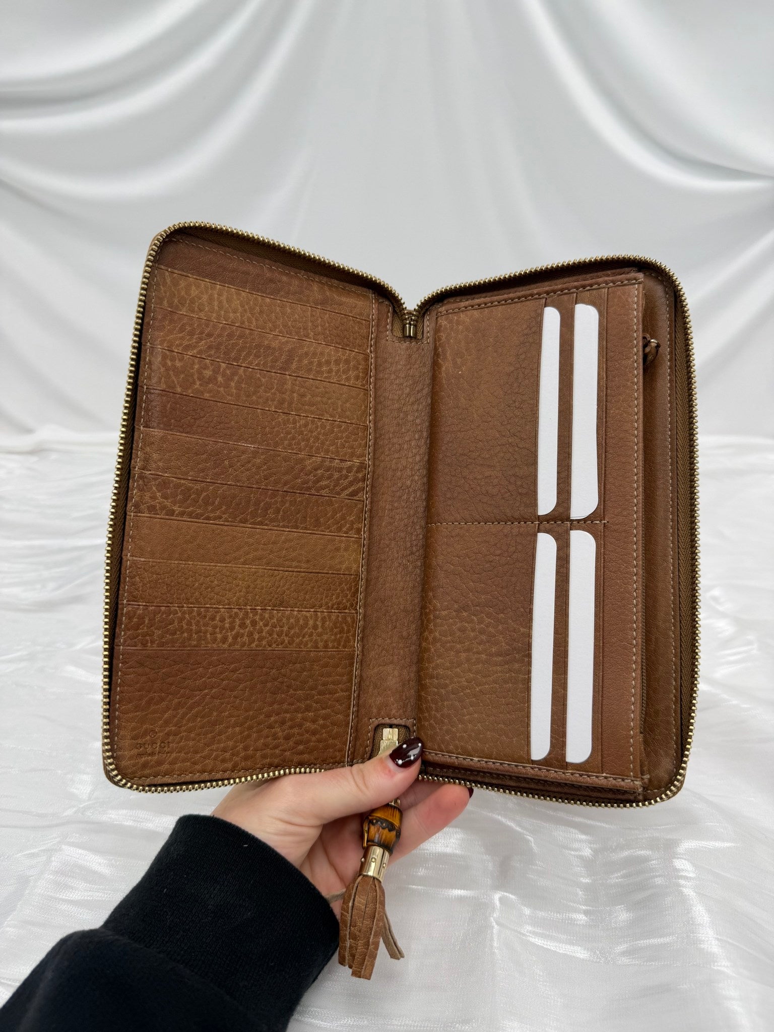 Gucci Brown Guccissima Leather Bamboo Zippy Travel Wallet