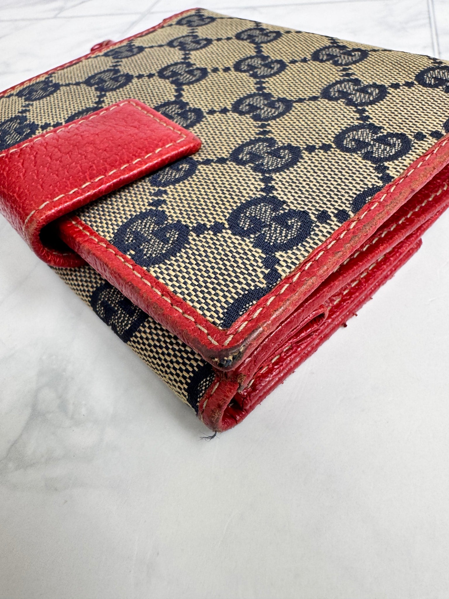Gucci Blue GG Canvas And Red Trim Compact Wallet