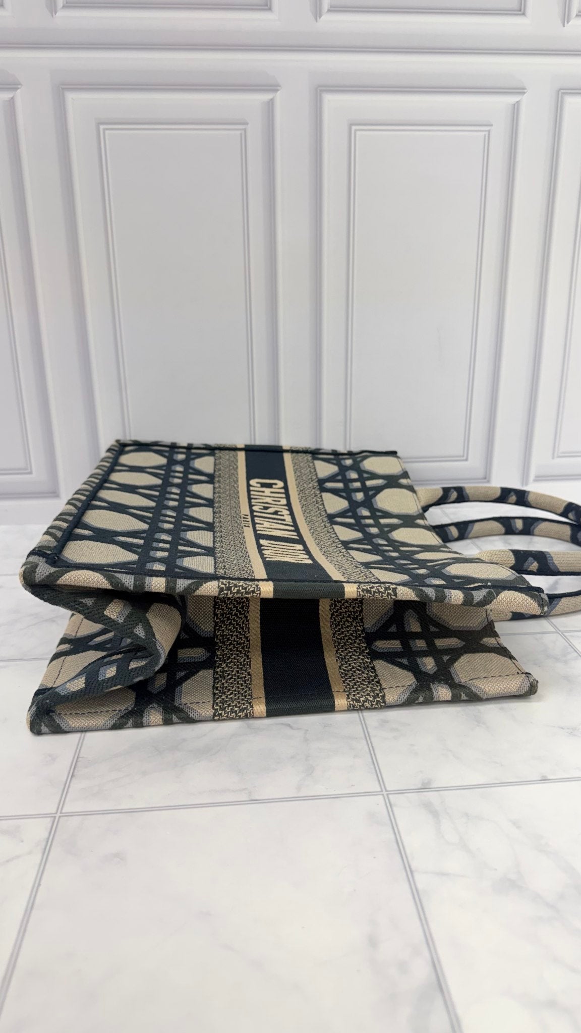 LIKE NEW - Christian Dior Beige And Blue Macrocannage Canvas Medium Book Tote Bag