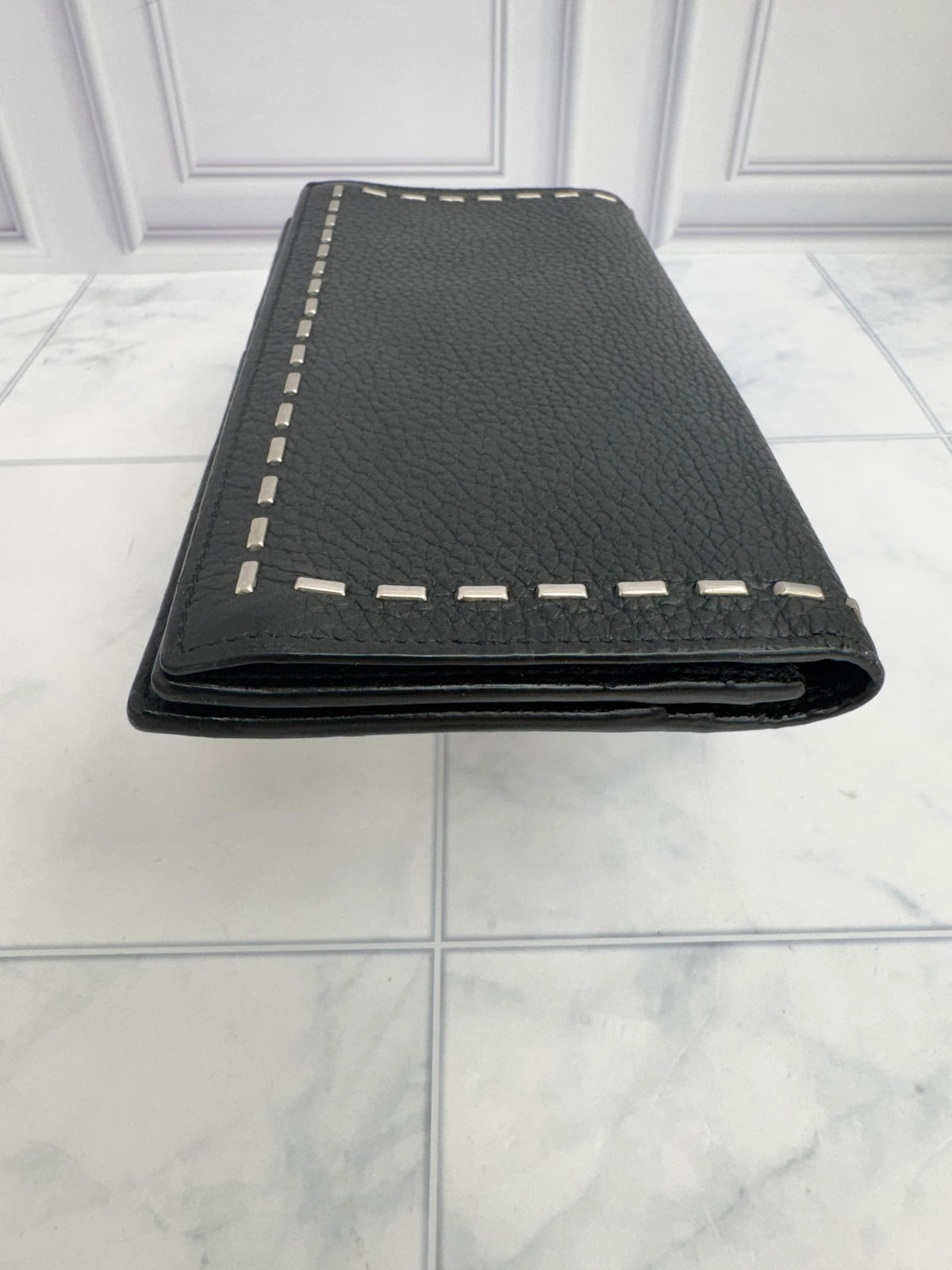 Fendi Black Grained Leather Studded Long Wallet