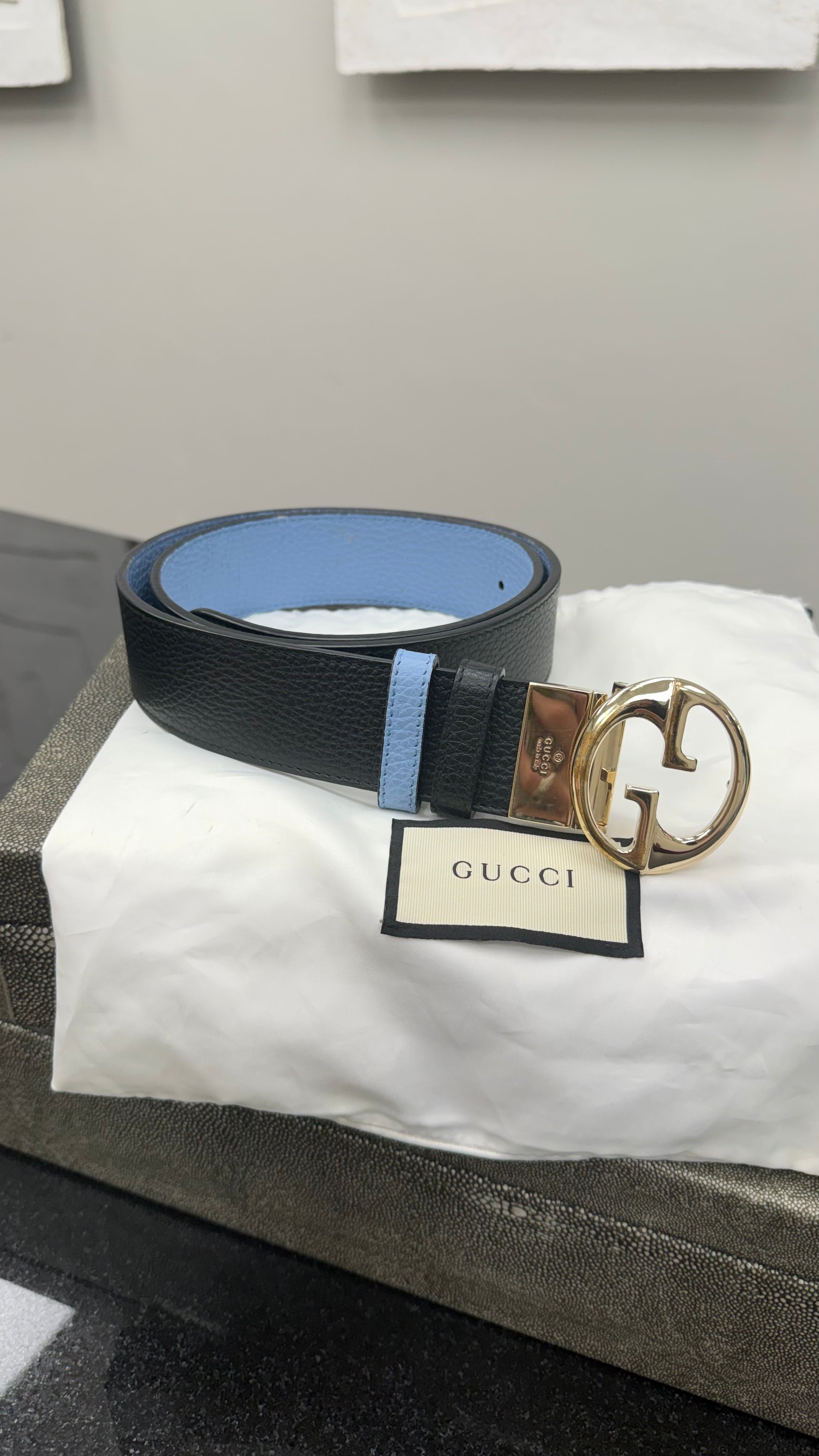 Gucci Black And Blue Grained Calfskin Leather Belt Size 90/36