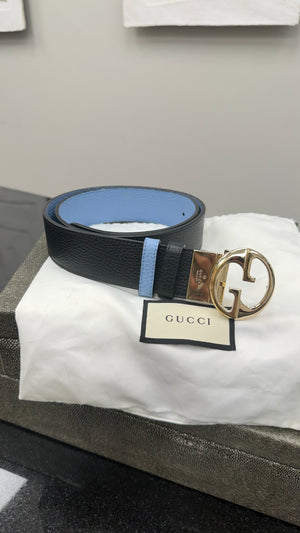 Gucci Black And Blue Grained Calfskin Leather Belt Size 90/36