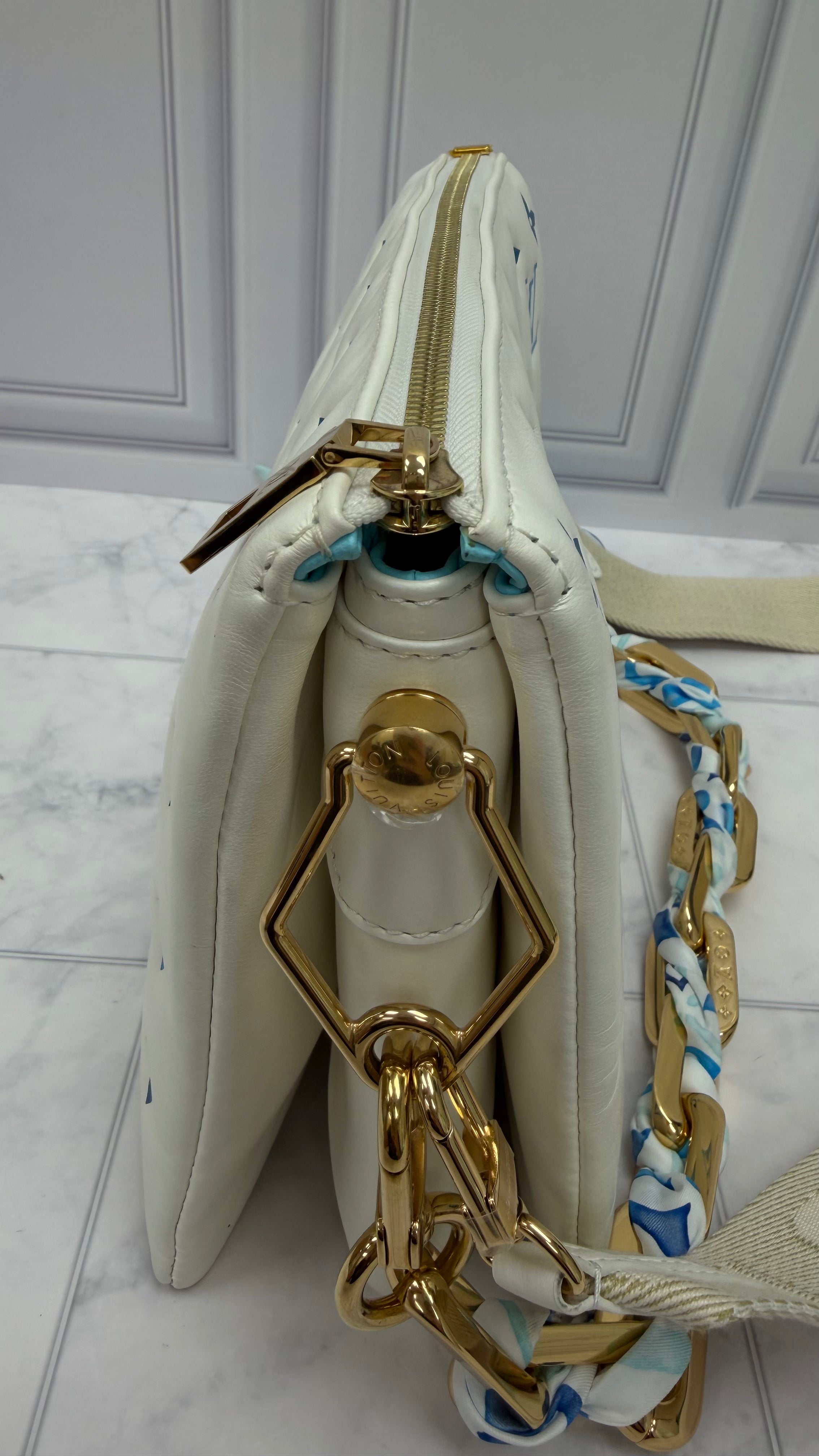 Louis Vuitton White & Blue Embossed Lambskin Leather By The Pool Coussin PM
