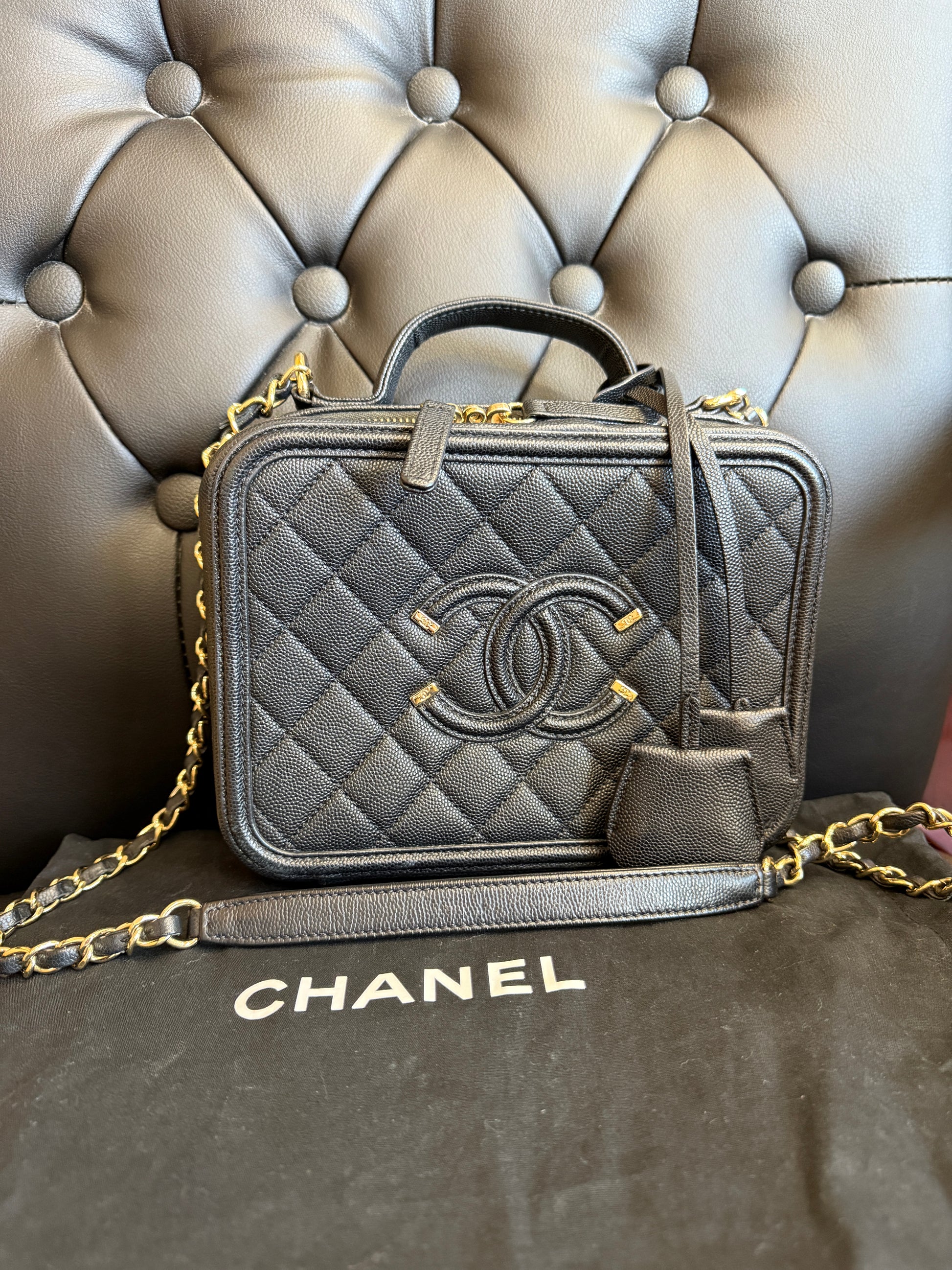 Chanel Black Caviar Quilted Medium CC Filigree Vanity Case