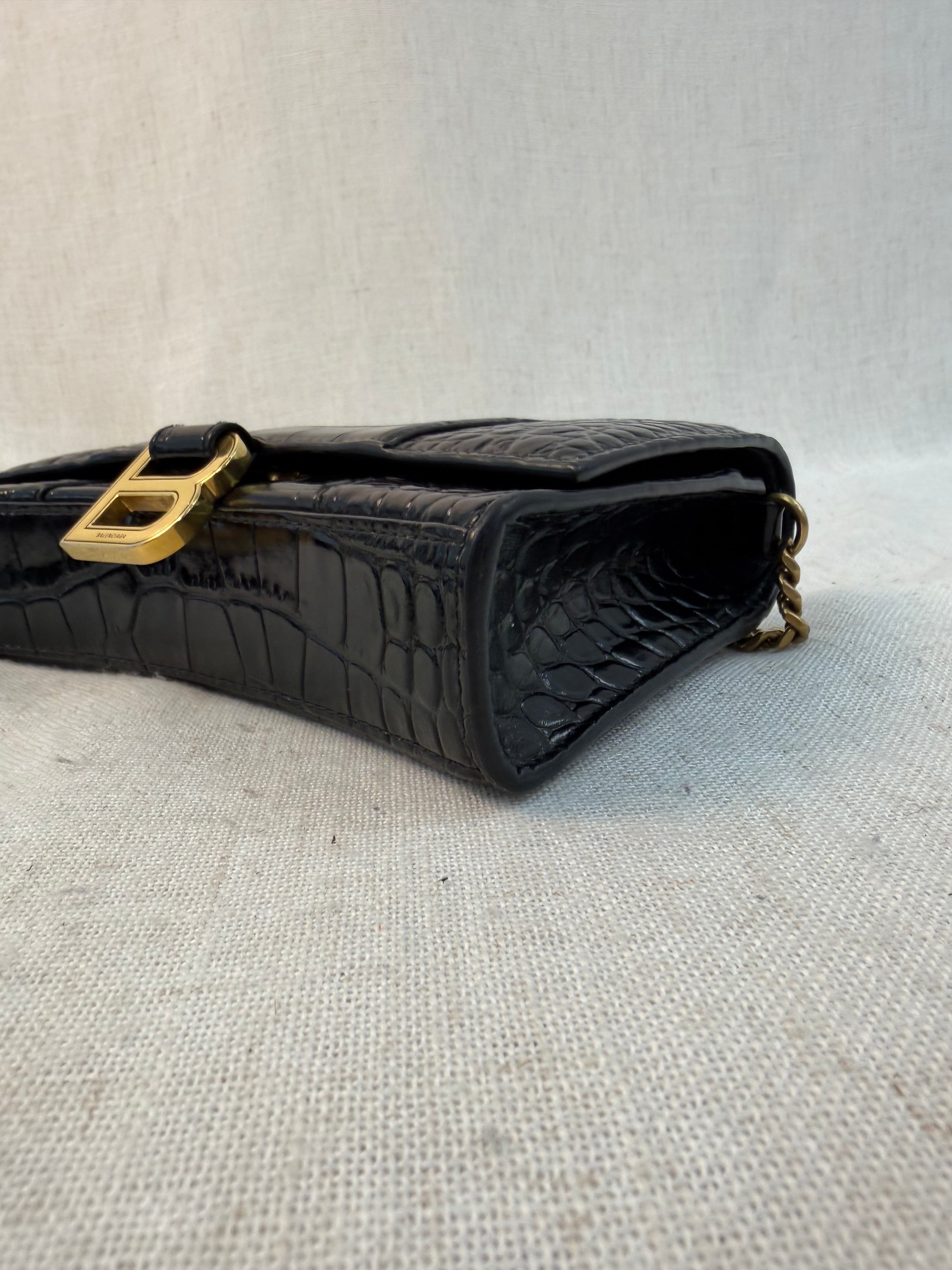 Balenciaga Black Croc Embossed Hourglass Wallet on Chain