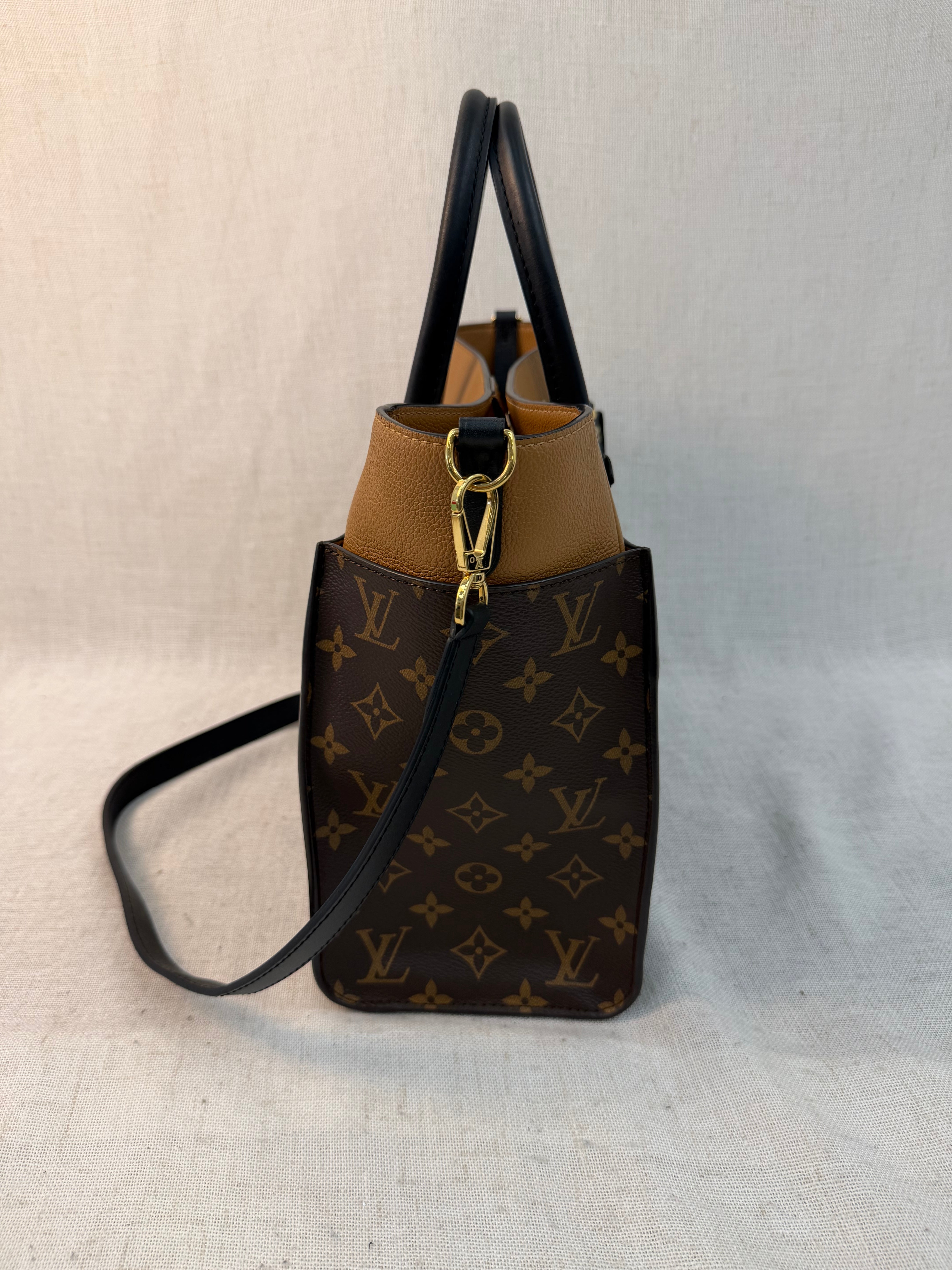 Louis Vuitton Monogram Black & Tan Leather On My Side MM Tote