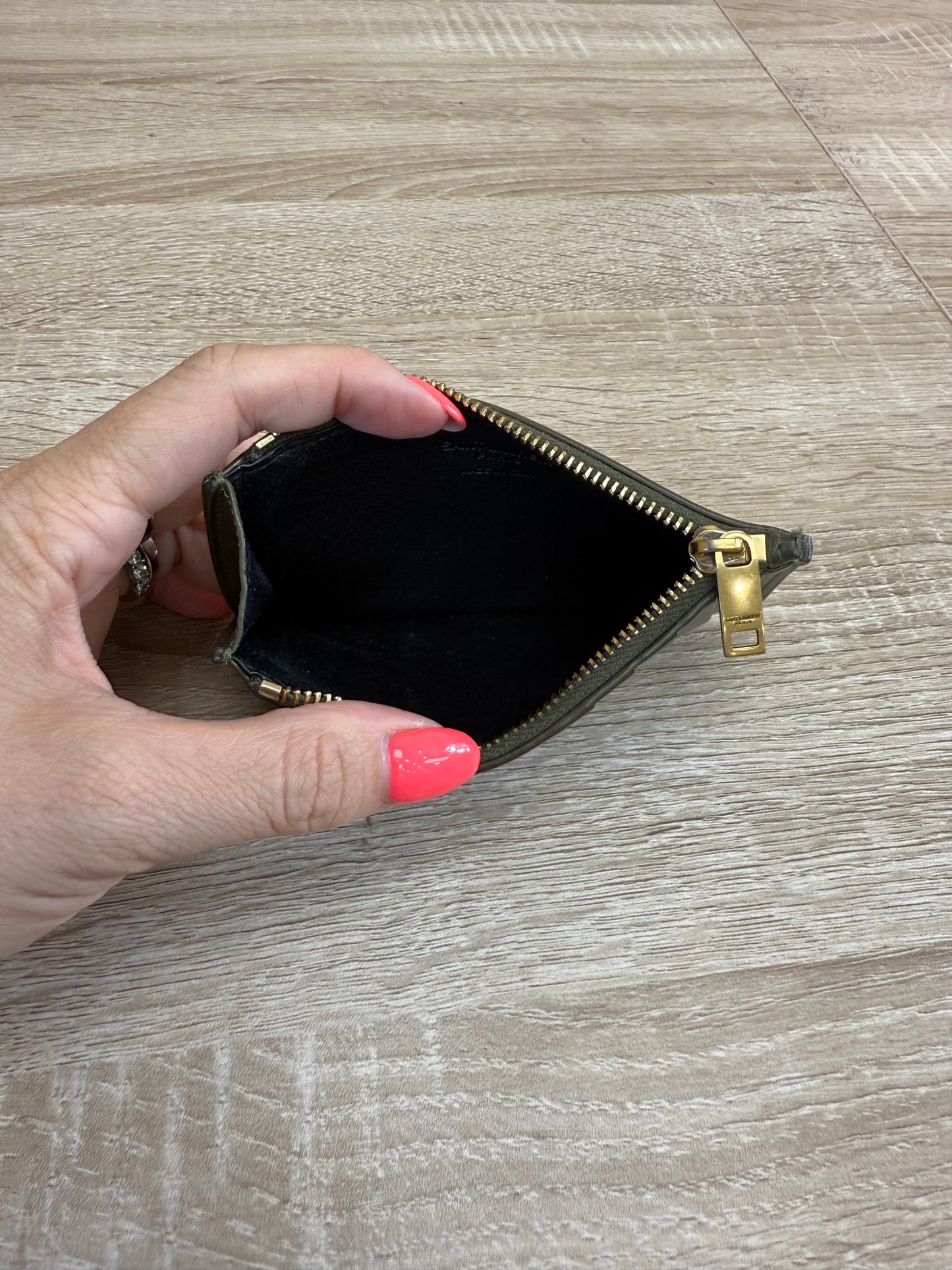 Saint Laurent YSL Green Leather Pineapple Zip Card Coin Case