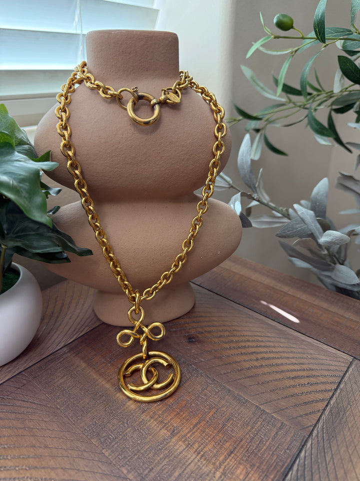 Chanel Vintage Gold Plated CC Clover Pendant Necklace