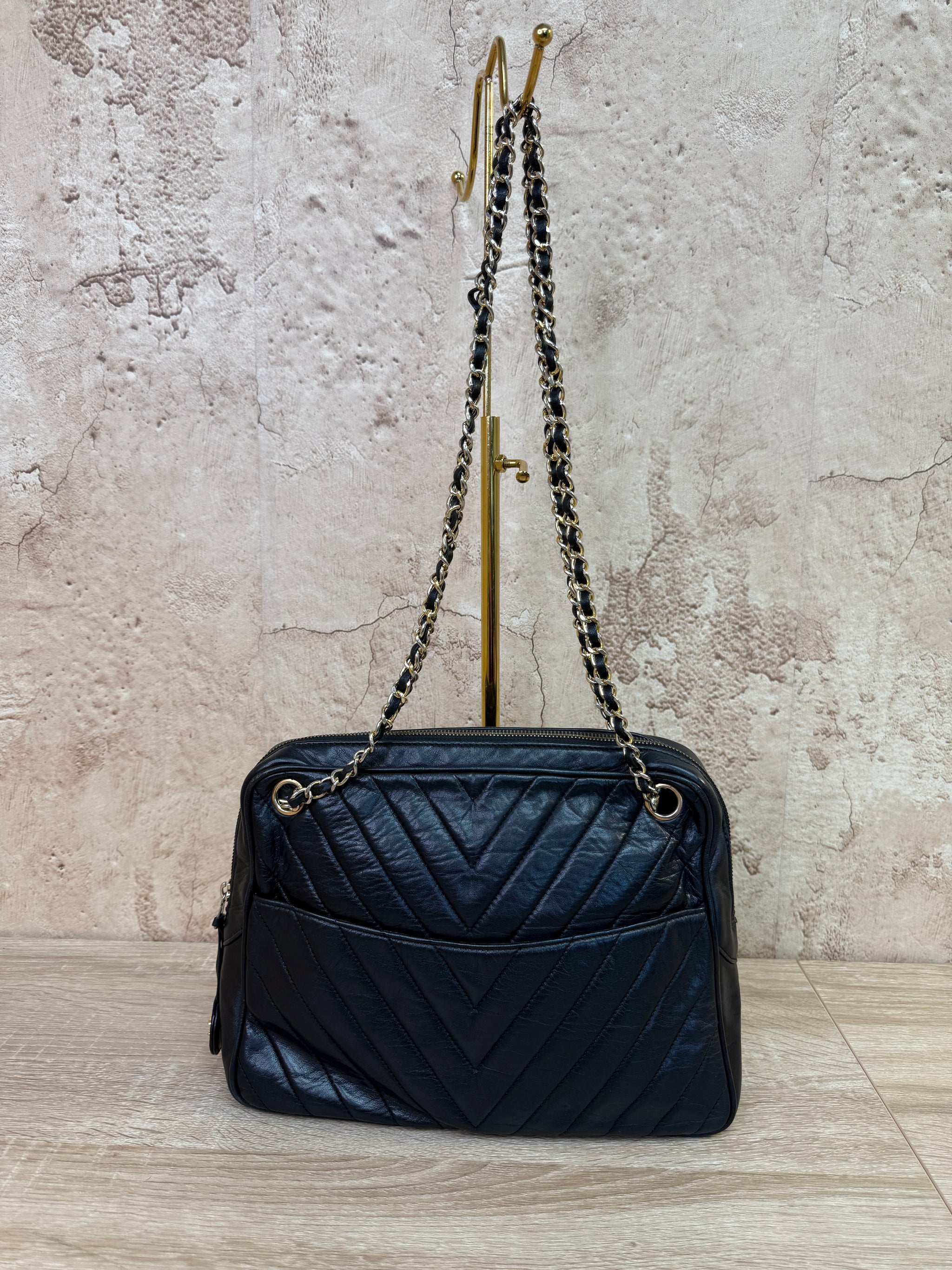 Chanel Black Lambskin Chevron Quilted Camera Shoulder Bag