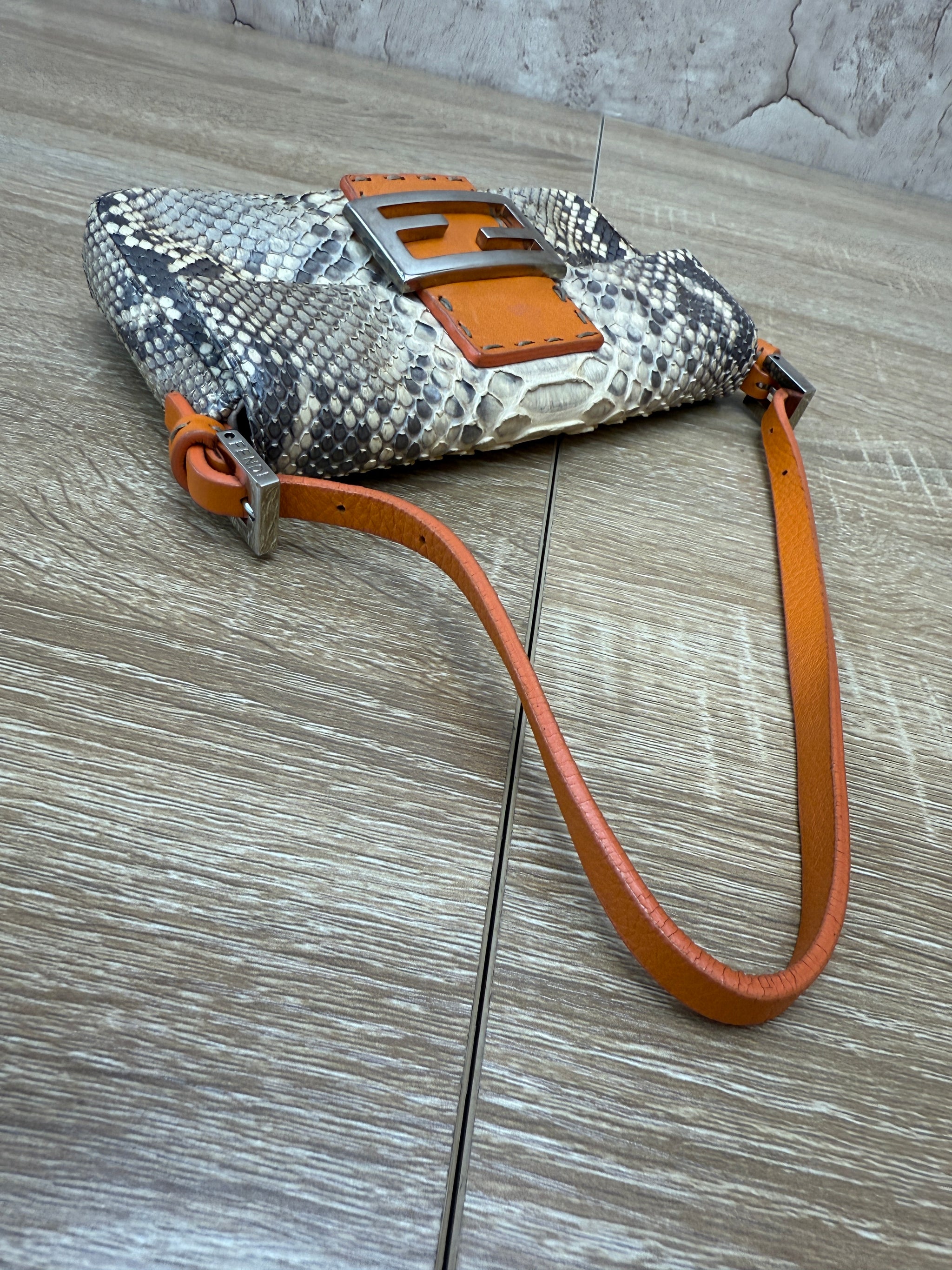 Fendi Orange Leather and Python Selleria Baguette Bag
