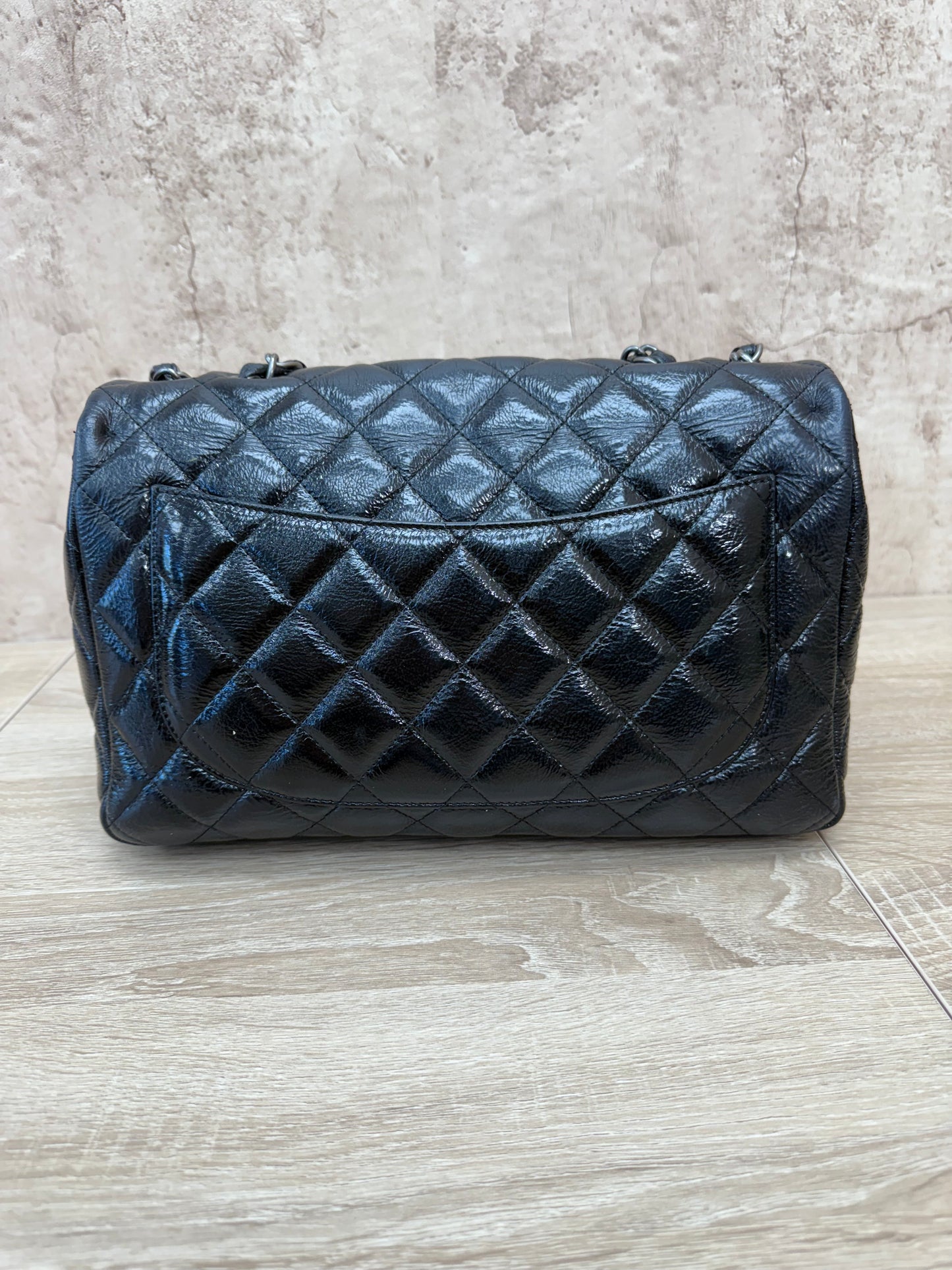 Chanel Large Black Glazed Quilted Goatskin Classic Single Flap Bag