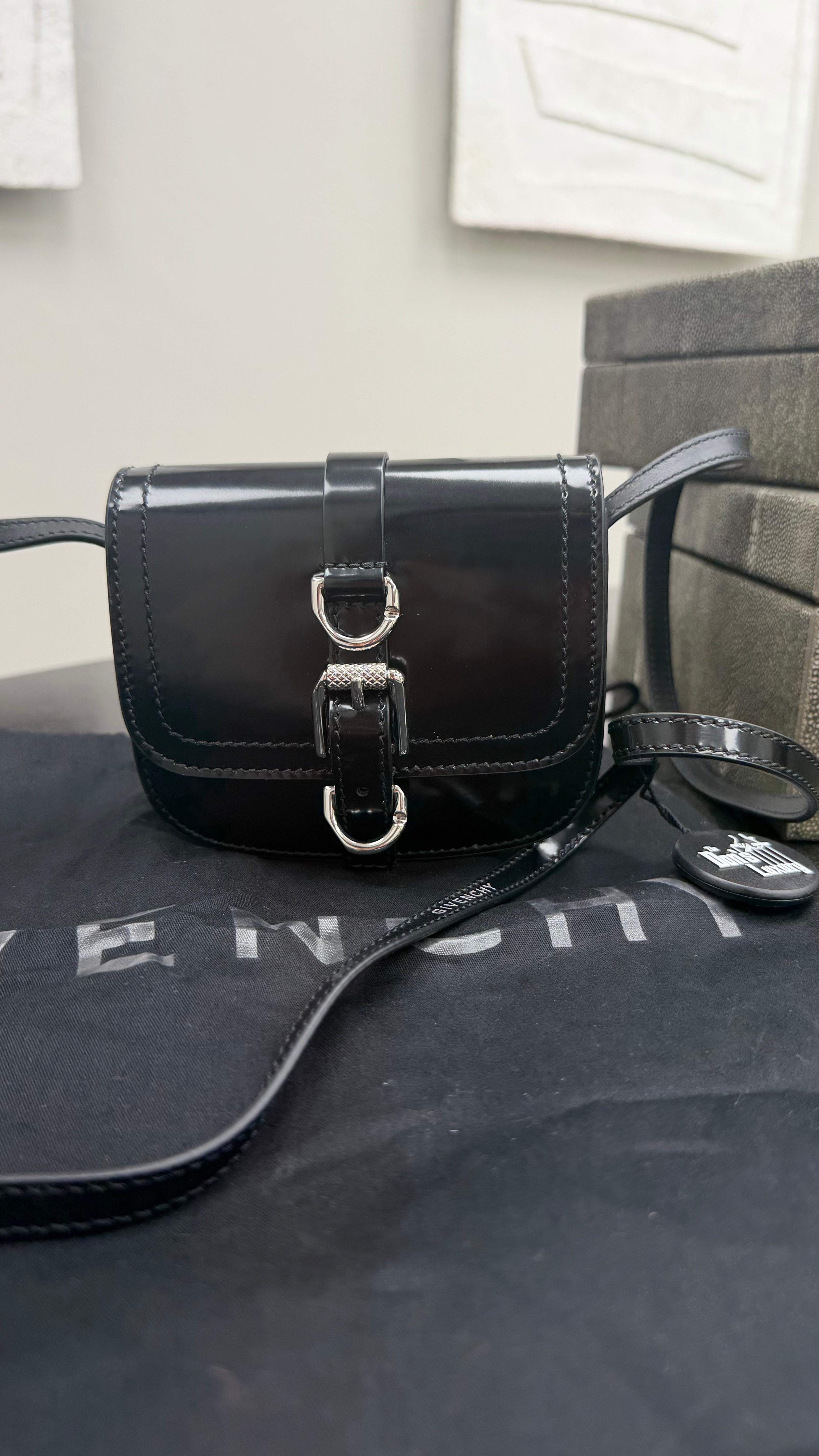 LIKE NEW- Givenchy Black Patent Leather Voyou Neck Crossbody Bag