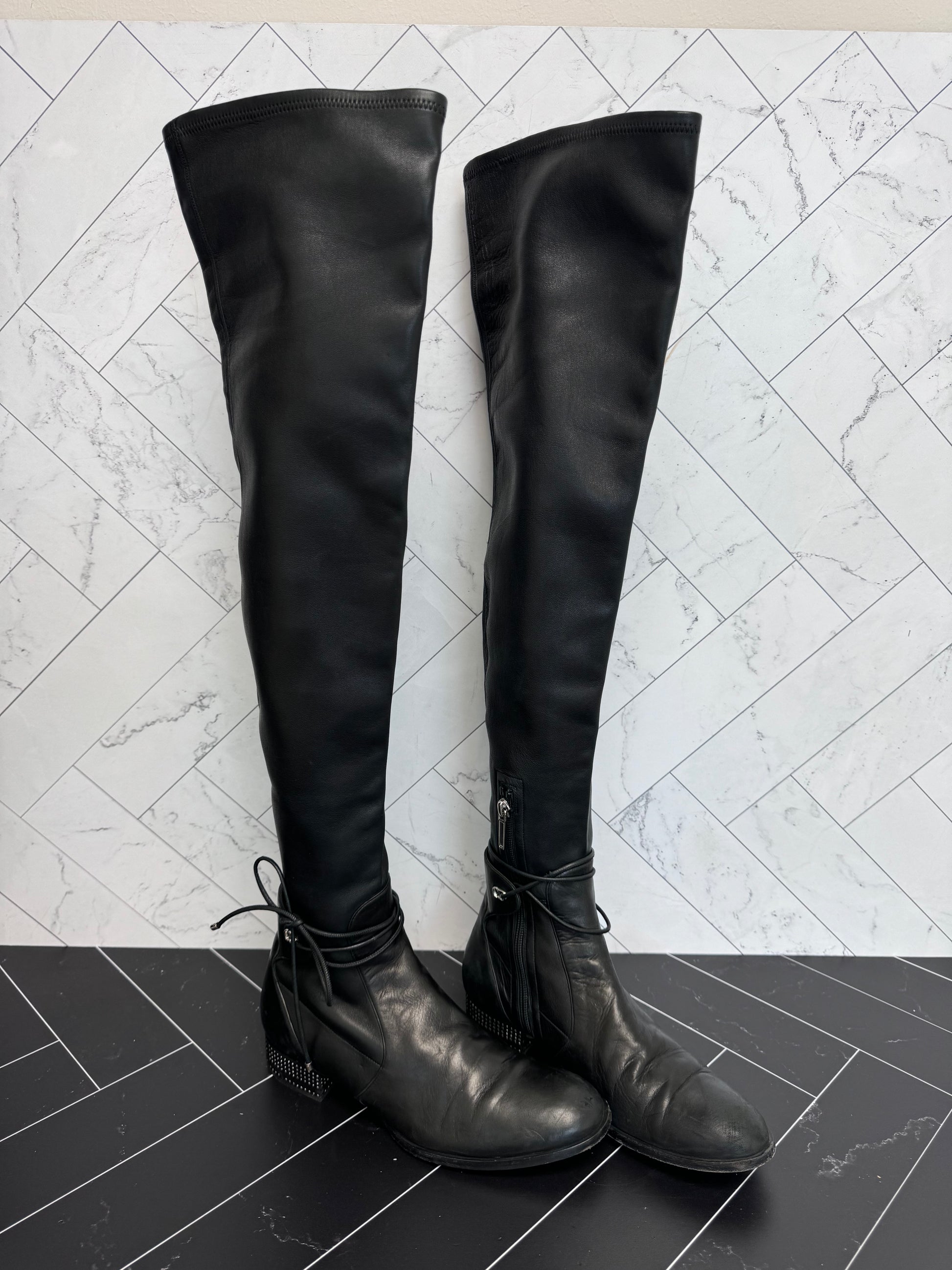 Christian Dior Black Nappa Leather Studded Stellar Over The Knee Boots Size 39