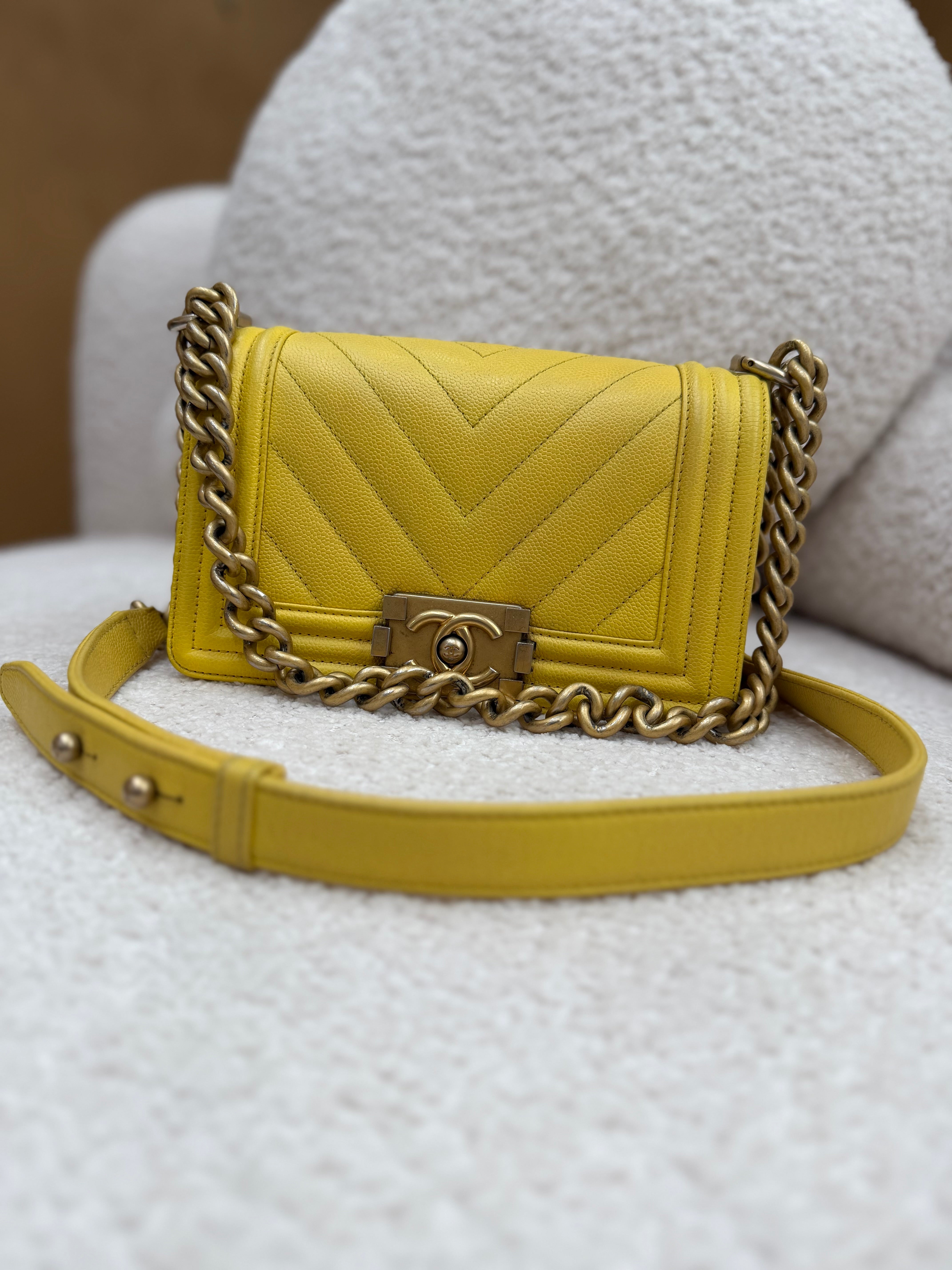 Chanel Yellow Chevron Caviar Leather Small Boy Flap Bag