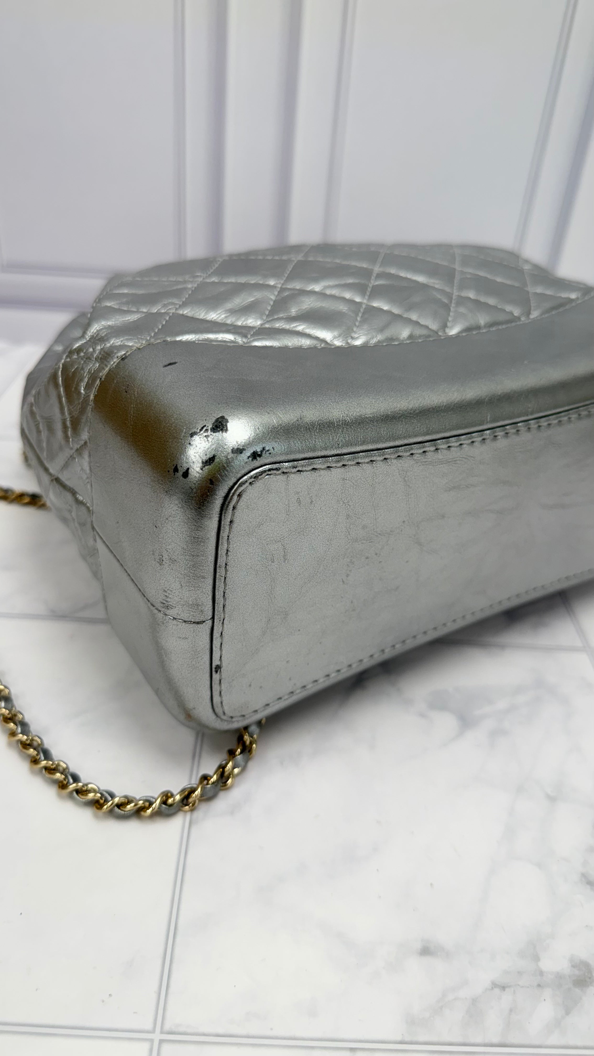 Chanel Silver Crumpled Calfskin Small Gabrielle Backpack