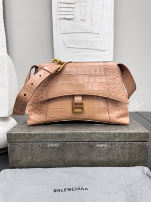 Balenciaga Beige Croc Embossed Downtown Shoulder Bag