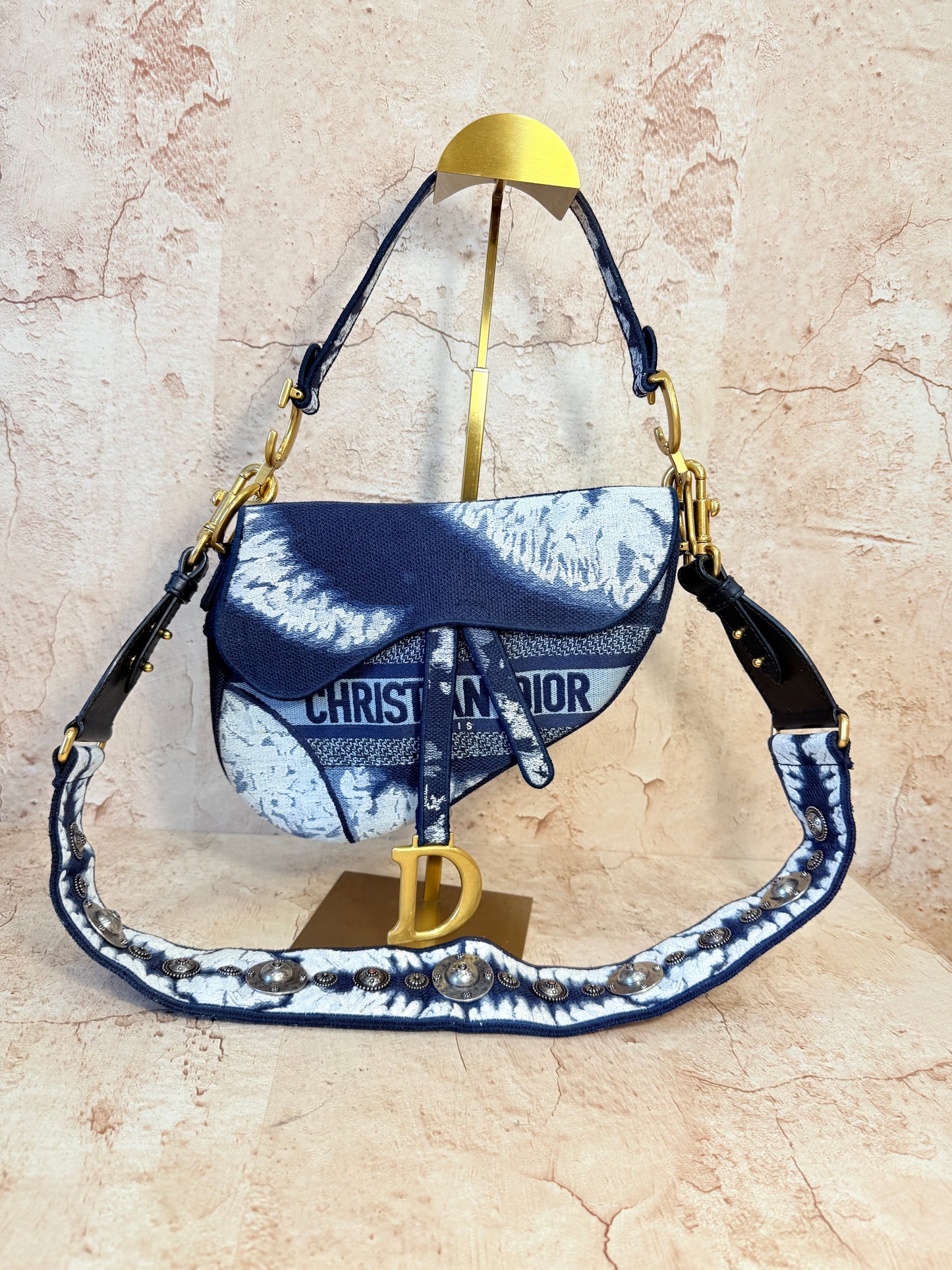 Christian Dior Tye Dye Blue Multicolor Canvas Embroidered Saddle Bag