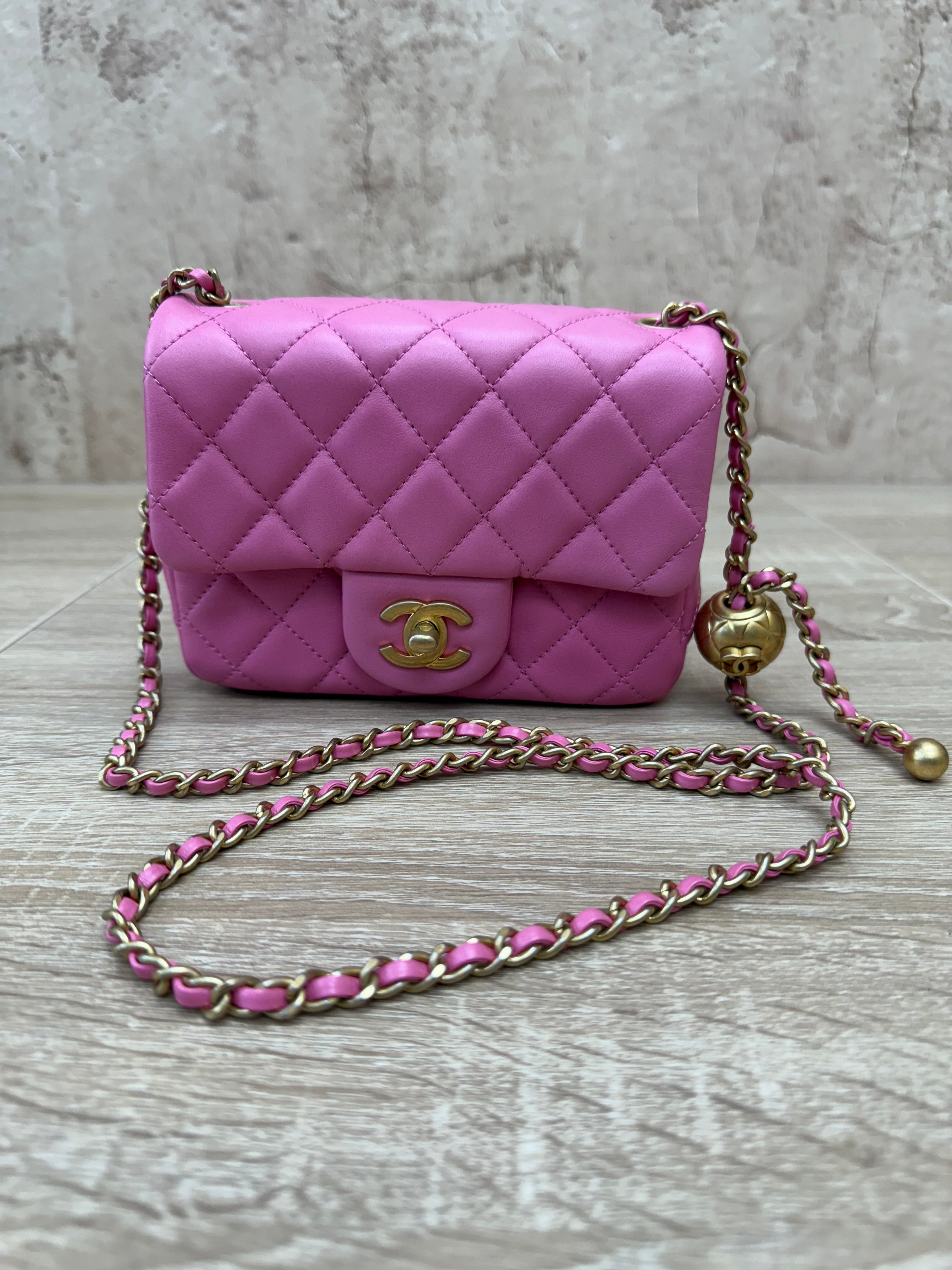 LIKE NEW- Chanel Pink Quilted Lambskin Mini Square Pearl Crush Flap Bag