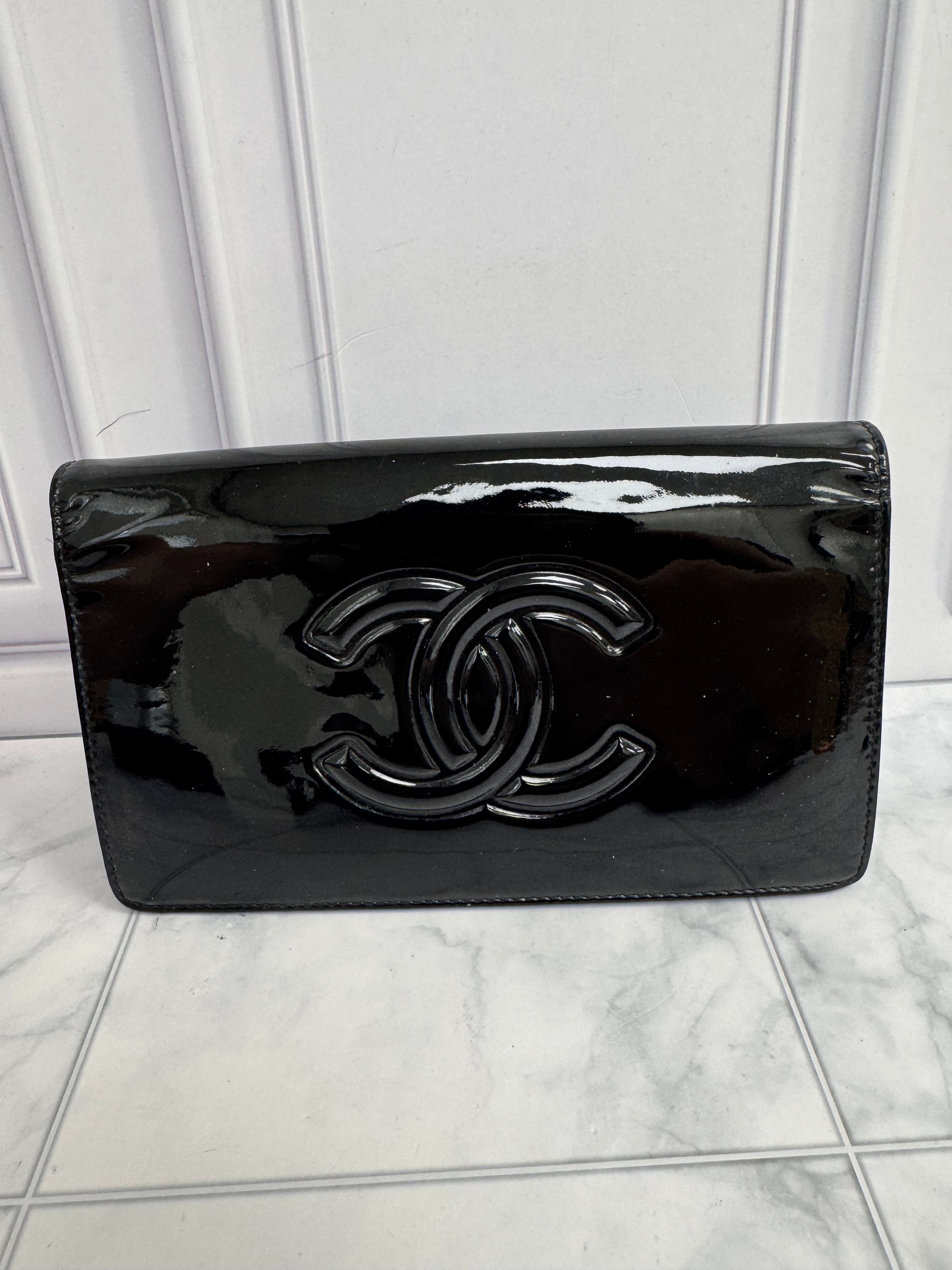 Chanel Black Patent Leather Camelia Flower Long Wallet