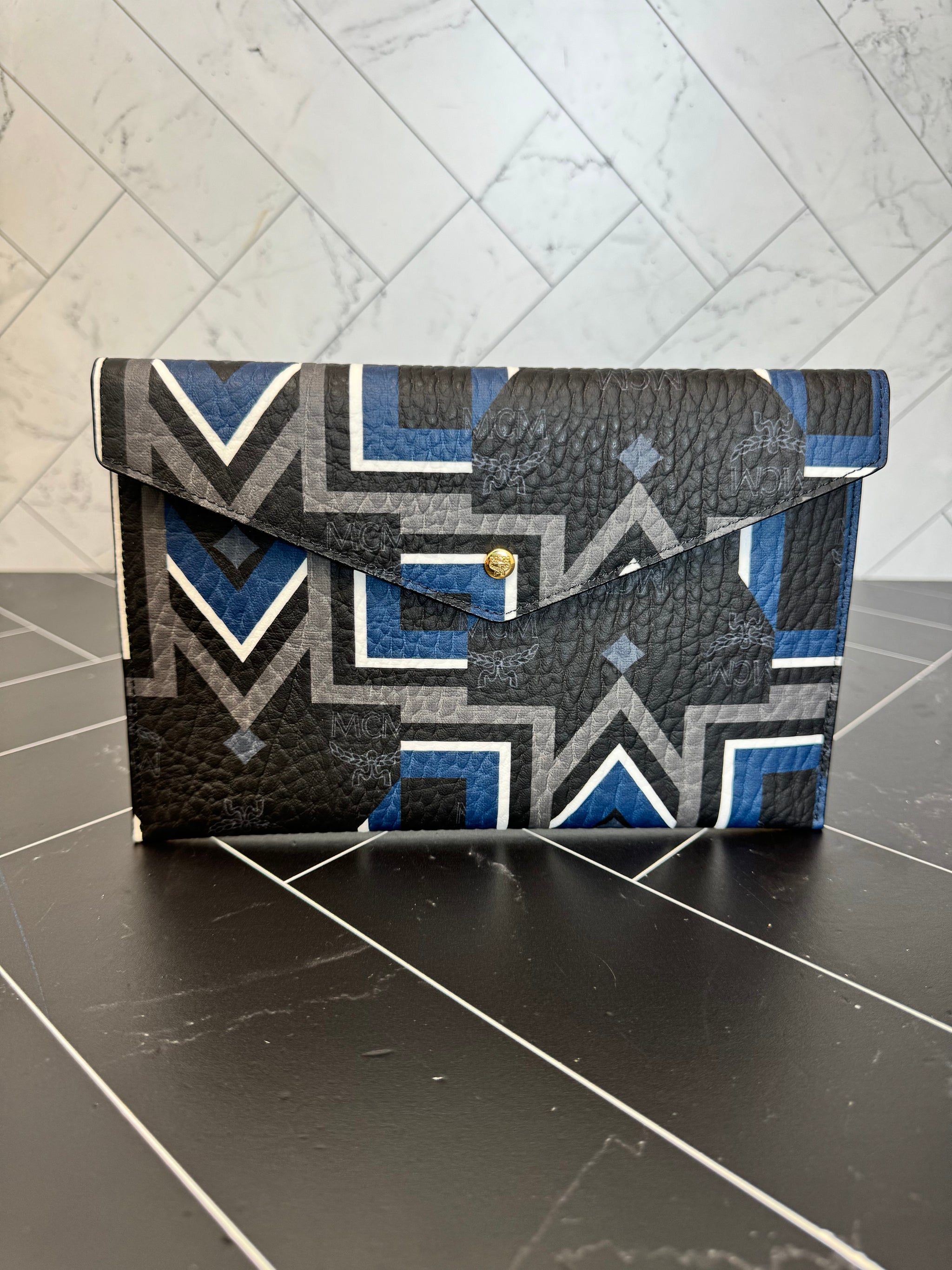 Mcm Black & Blue M Stripe Visetos Clutch Bag