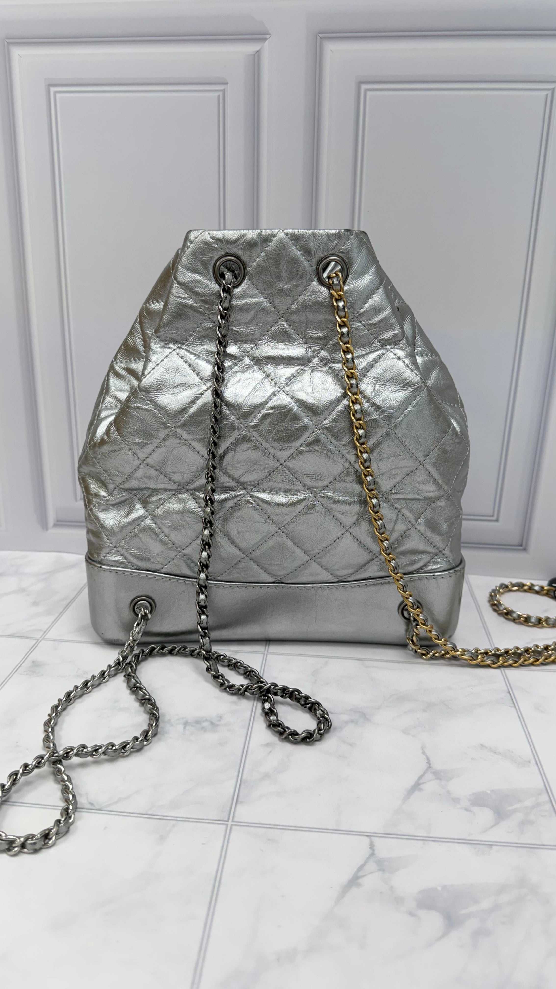 Chanel Silver Crumpled Calfskin Small Gabrielle Backpack