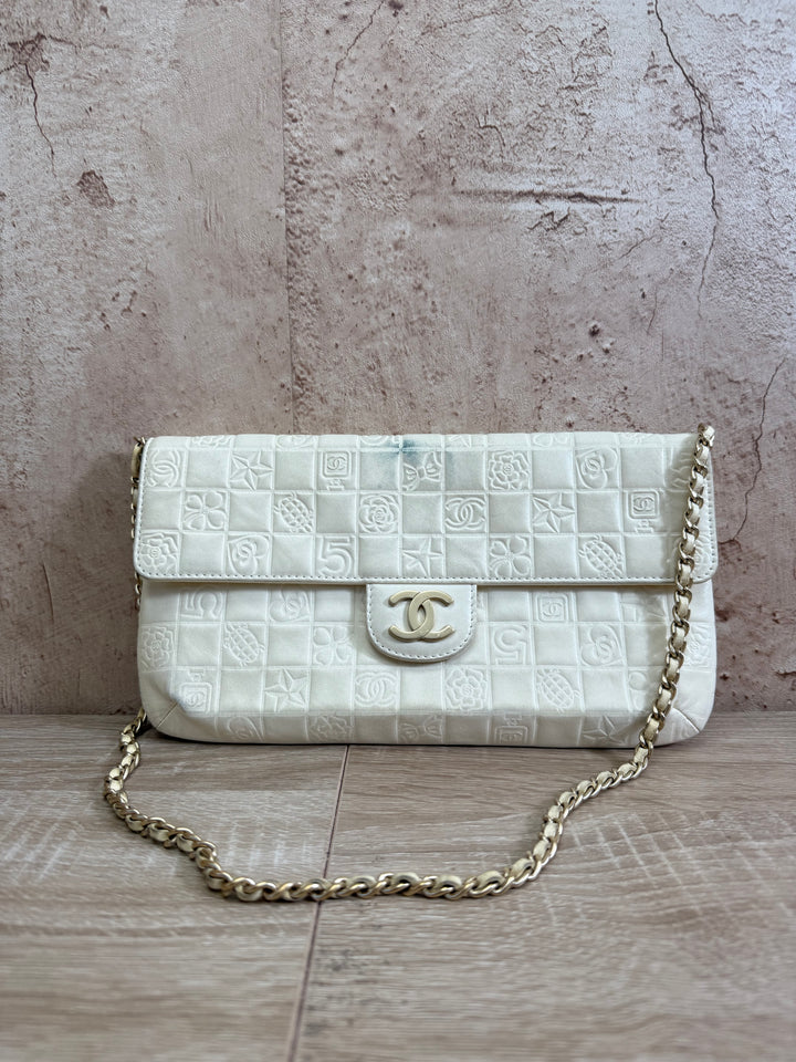 Chanel Cream Chocolate Bar Embossed Calfskin Single Flap Bag