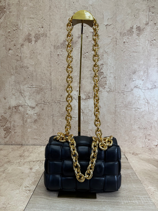 Bottega Veneta Black Leather Padded Bag with Gold Chain