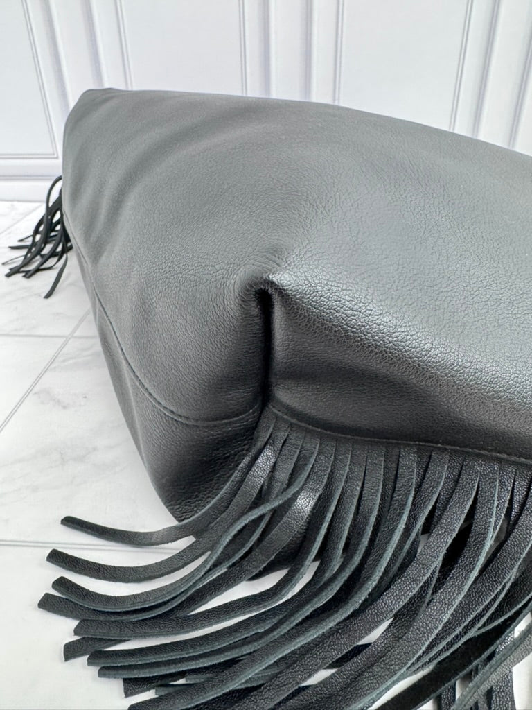 Saint Laurent YSL Black Leather Fringe Tote Bag