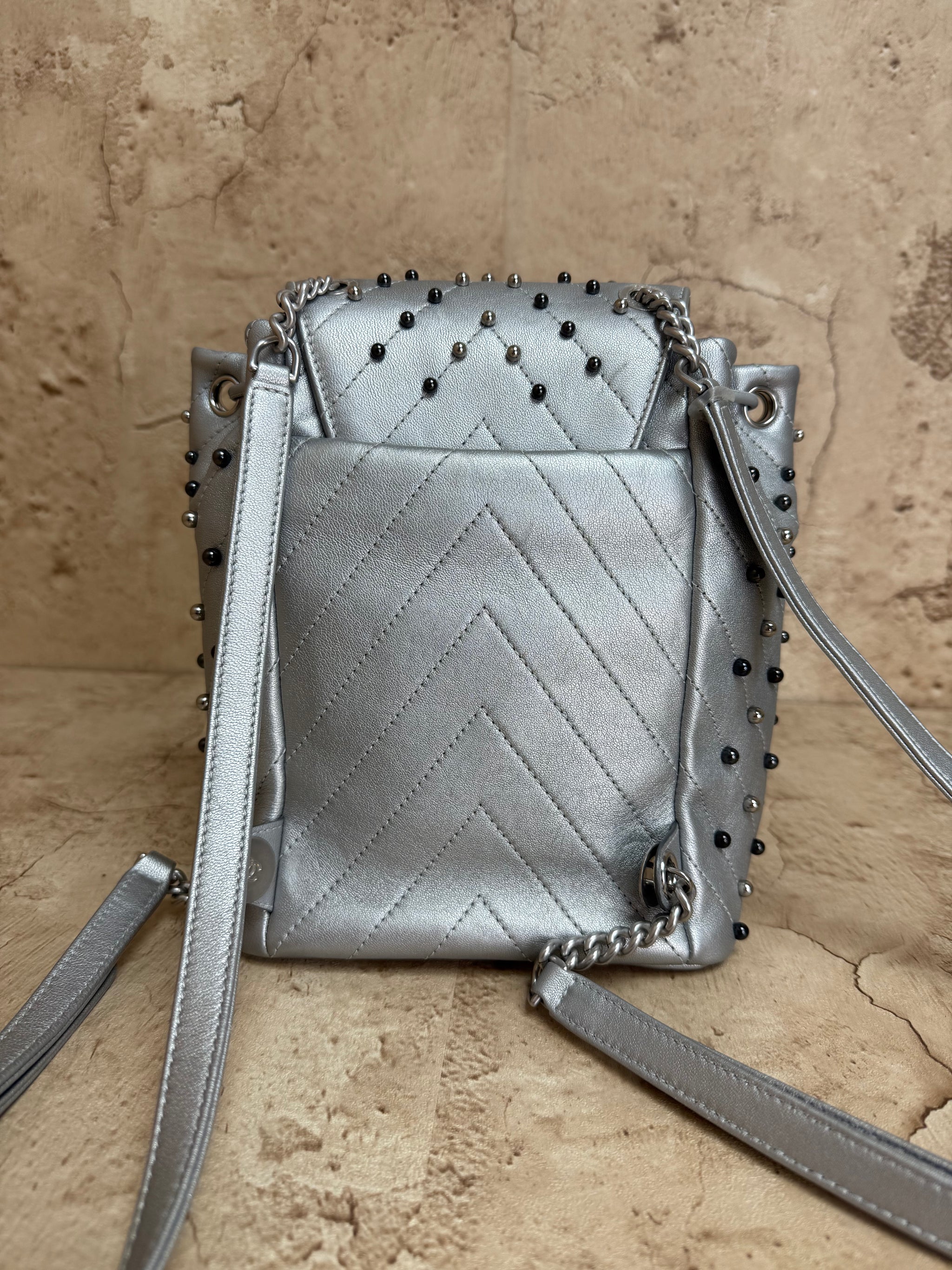 Chanel Silver Metallic Chevron Studded Backpack