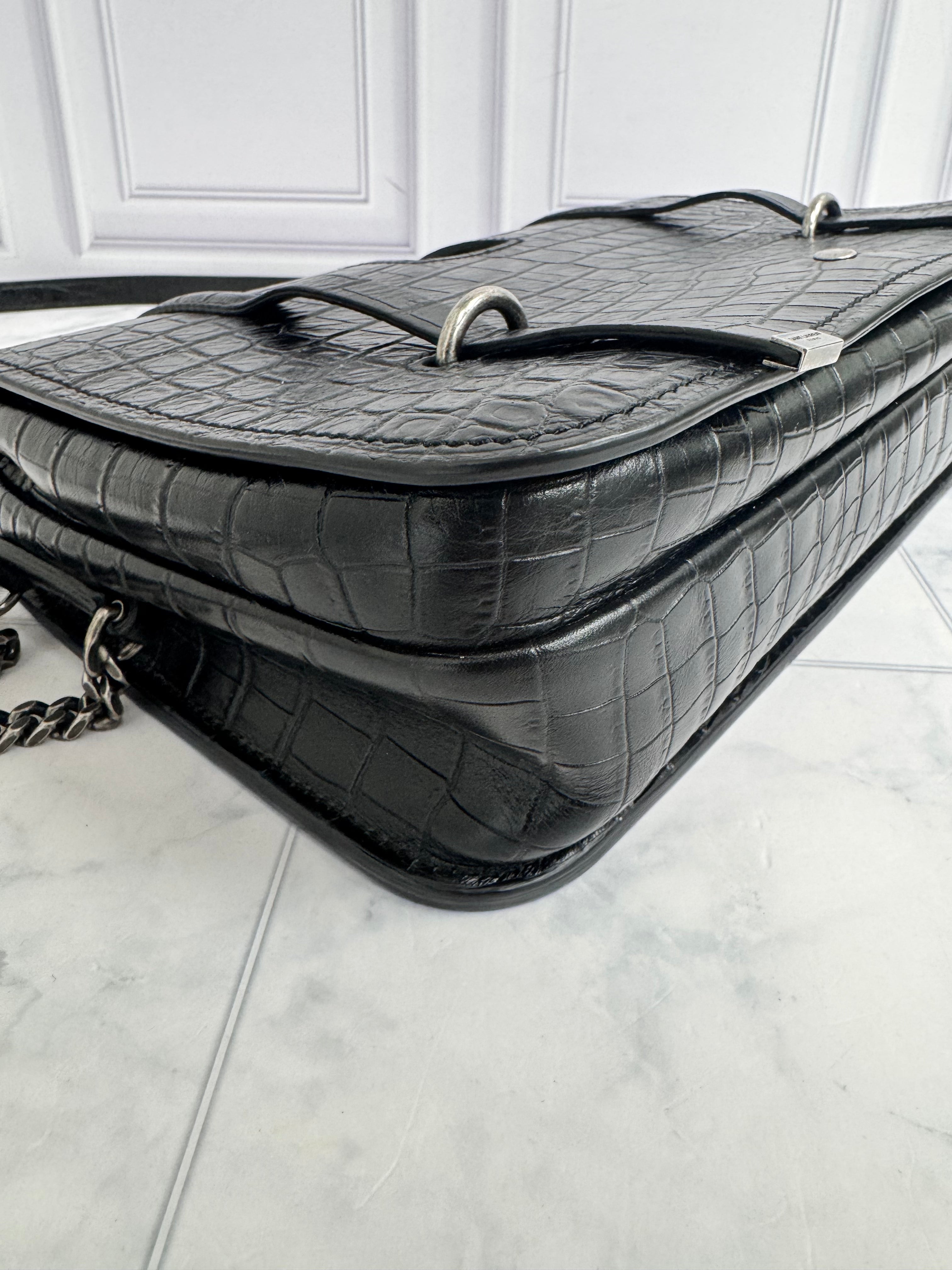 Saint Laurent YSL Black Croc Embossed Leather Charlotte Messenger Bag