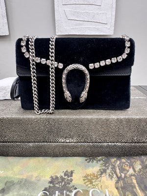 Gucci Black Velvet Dionysus Super Mini Chain Crossbody Bag