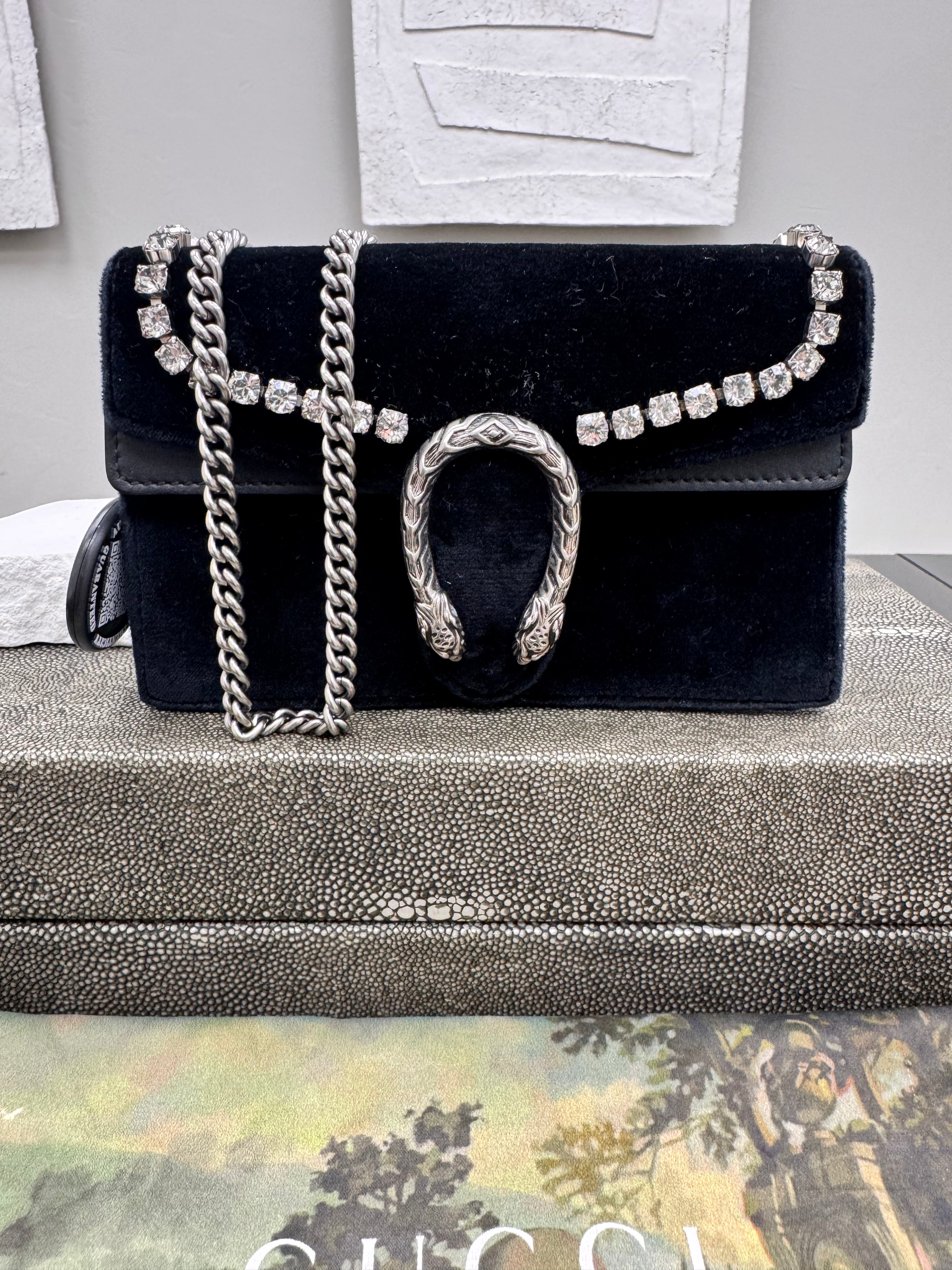 Gucci Black Velvet Dionysus Super Mini Chain Crossbody Bag