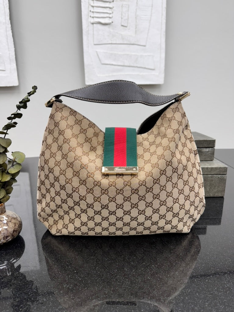 Gucci GG Supreme Canvas New Ladies Web Hobo Bag