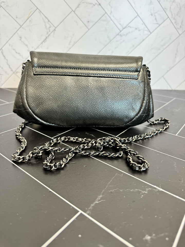 Chanel Silver Metallic Caviar Leather Half Moon Wallet On Chain