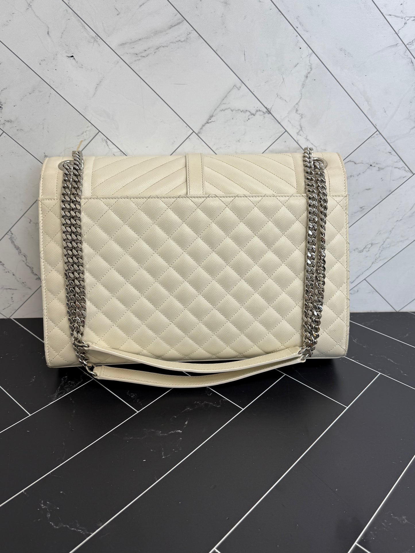 Saint Laurent YSL White Pebbled Leather Triquilt Envelope Bag