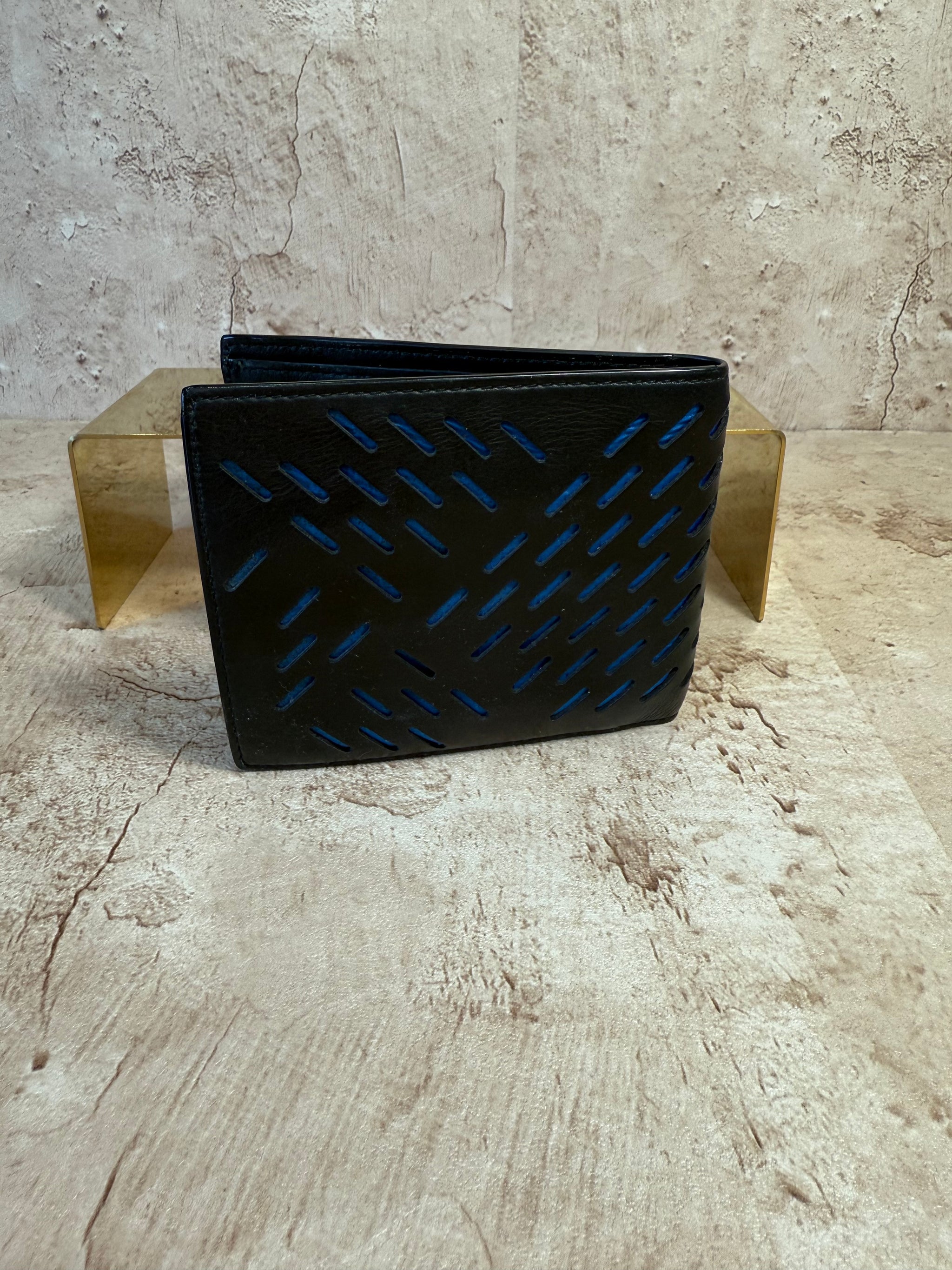 Bottega Veneta Black / Blue Perforated Bi-Fold Wallet