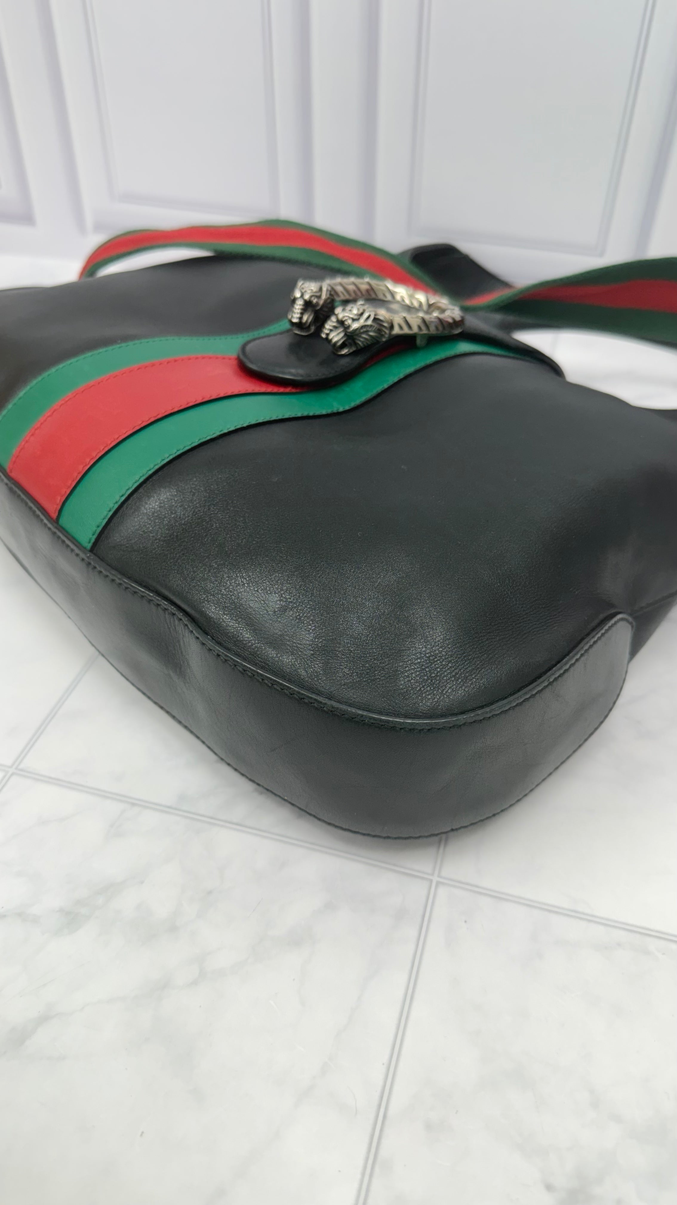 Gucci Black Leather Web Stripe Medium Dionysus Hobo Bag