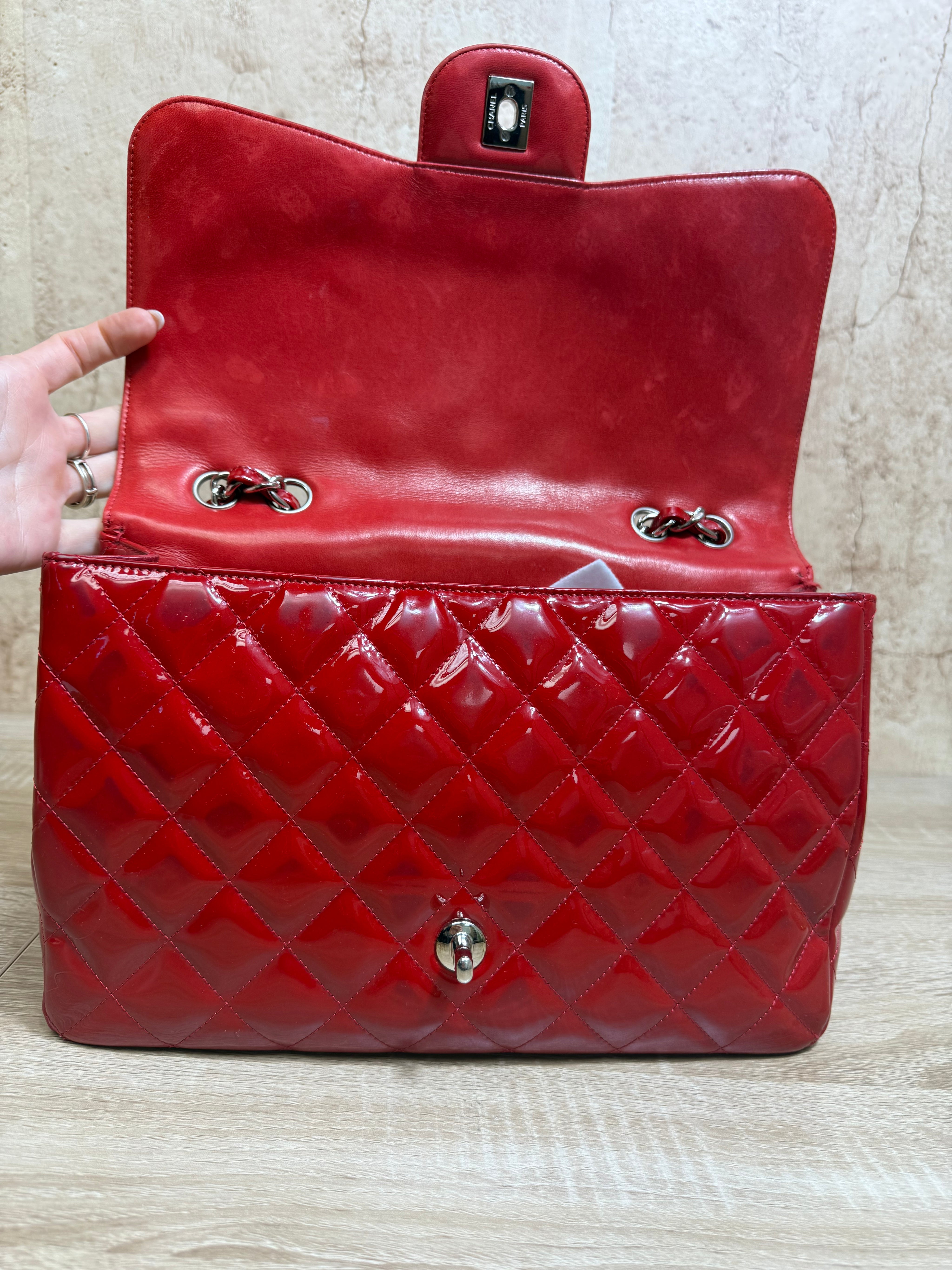 Chanel Red Patent Leather Jumbo Classic Flap